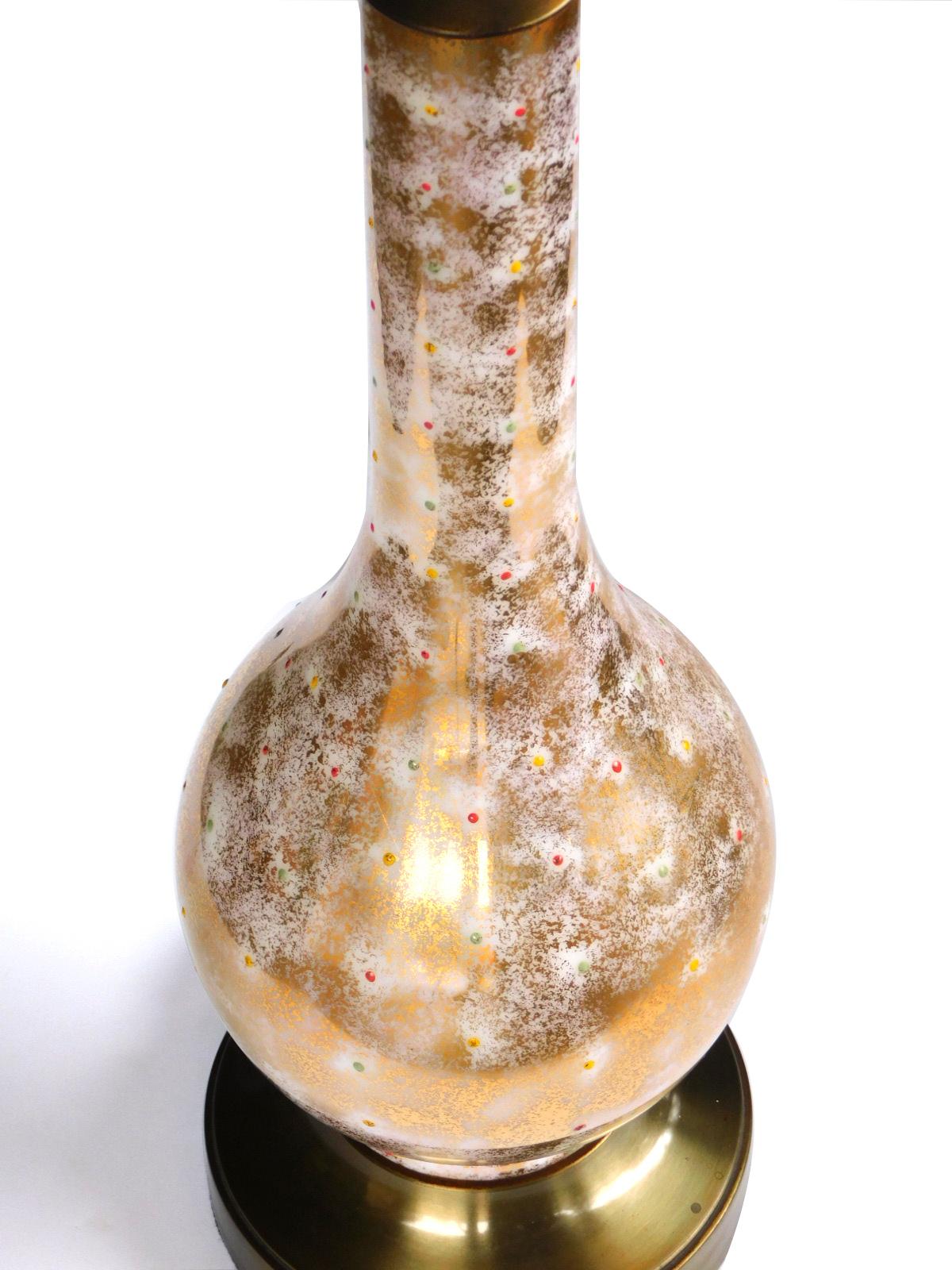 Italian Pair of Murano 1960s Gold and White Glazed Bottle-form Lamps with Colored Fleck For Sale