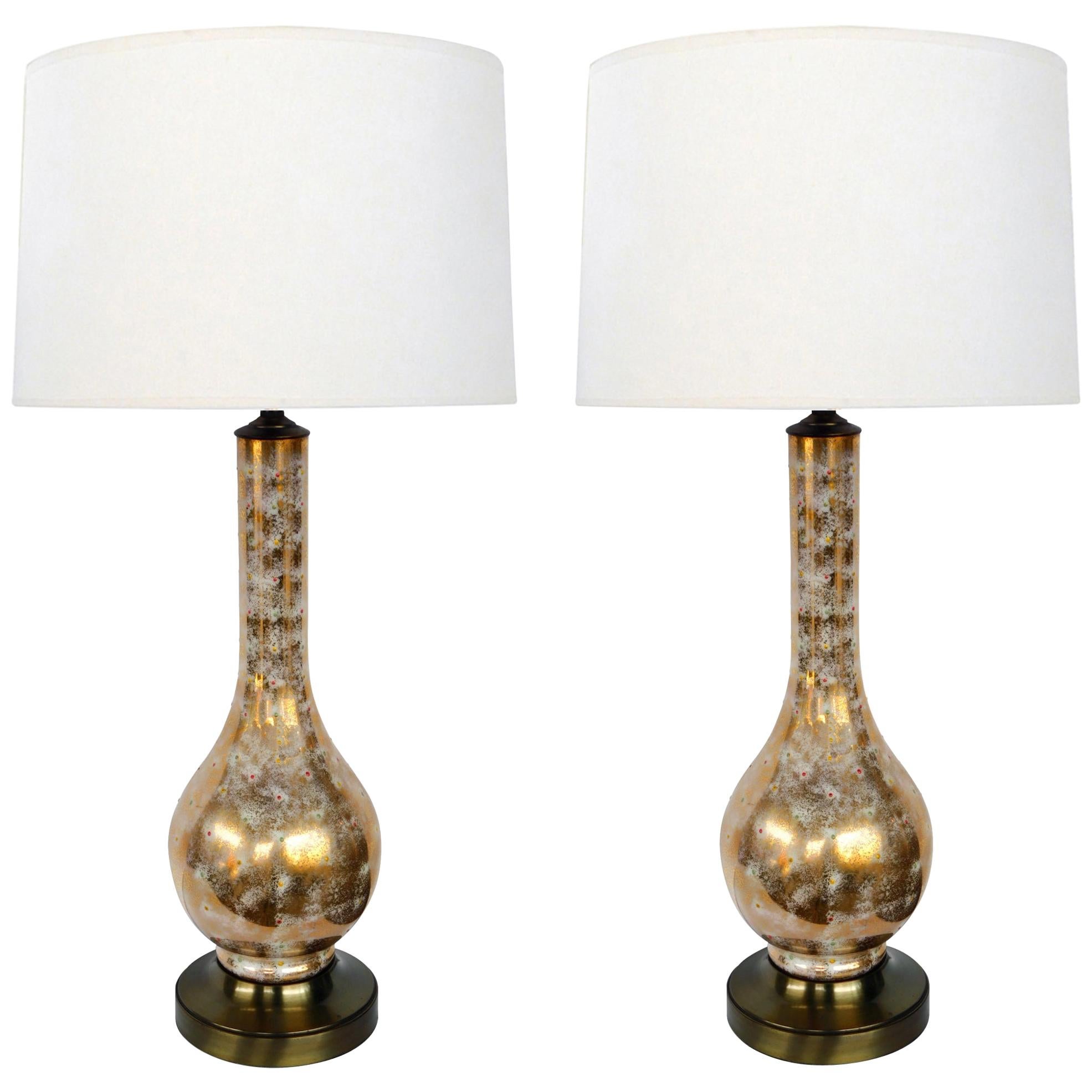 Pair of Murano 1960s Gold and White Glazed Bottle-form Lamps with Colored Fleck