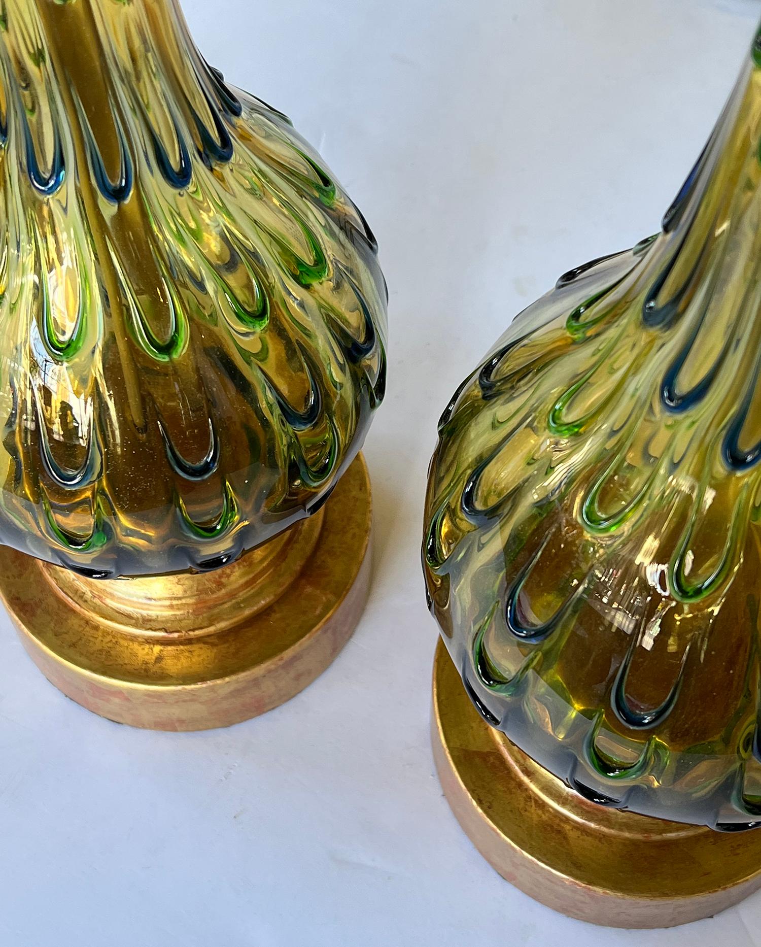 Hand-Crafted Pair of Murano 1960's Thumb-print Drip Pattern Art Glass Lamps For Sale