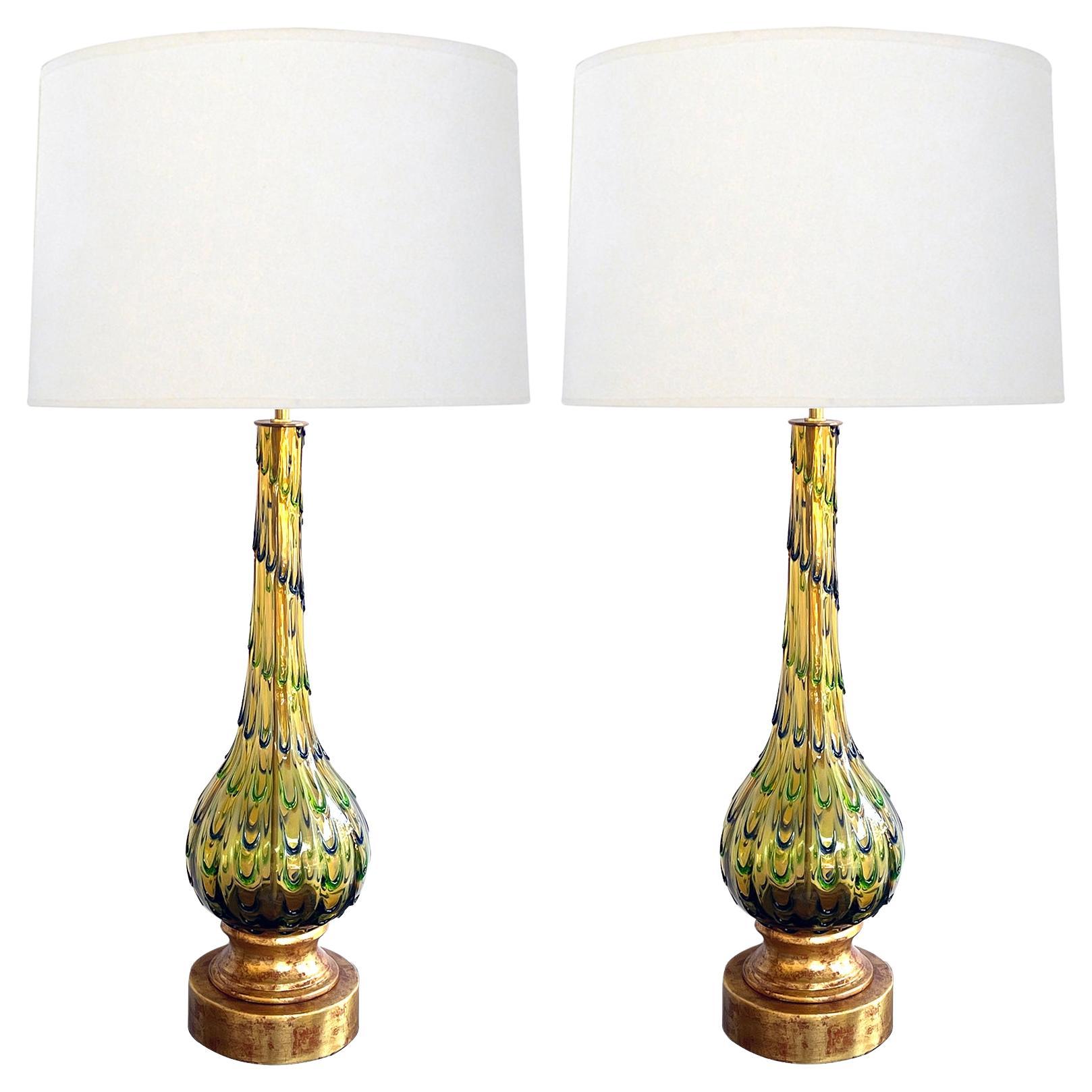 Pair of Murano 1960's Thumb-print Drip Pattern Art Glass Lamps For Sale