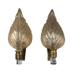 Pair of Murano 24-Karat Gold Flaked Cristal Glass Plume Leaf by Segusso, 1950s