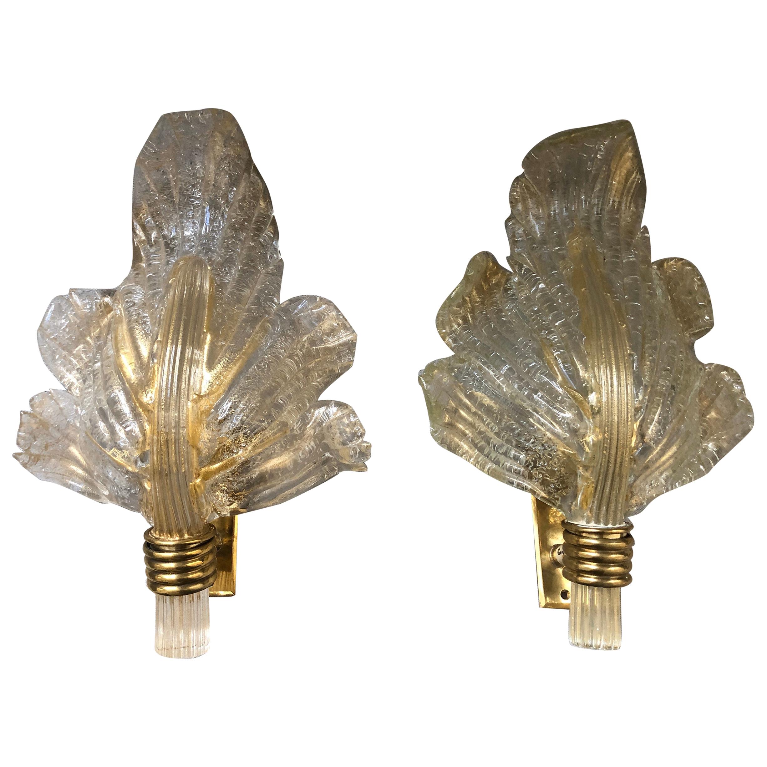 Pair of Murano 24-Karat Gold Flaked Crystal Wall Lights Leaf by Segusso, 1950s