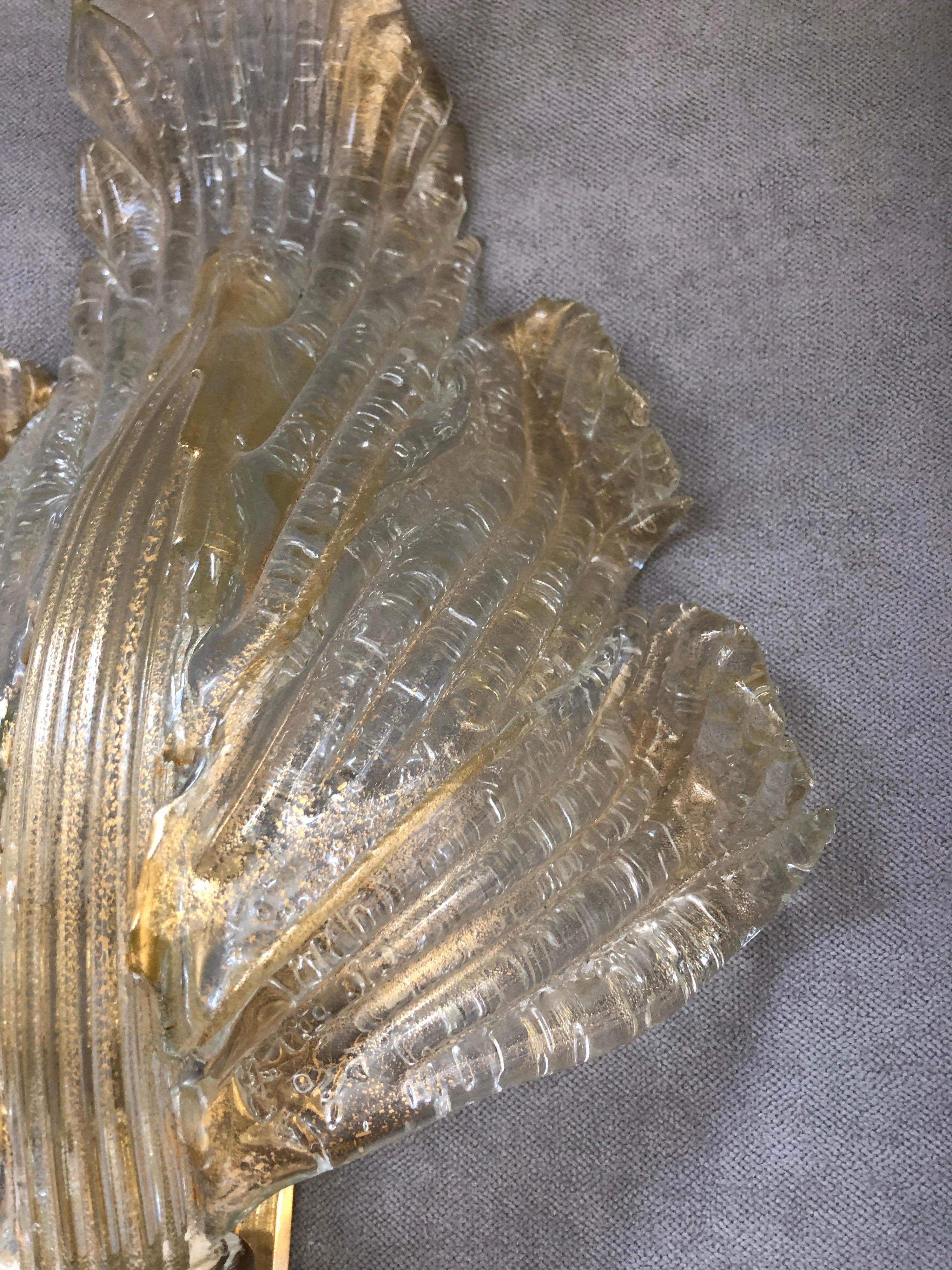 Pair of Murano 24-Karat Gold Flaked Crystal Wall Lights Leaf by Segusso, 1950s 7