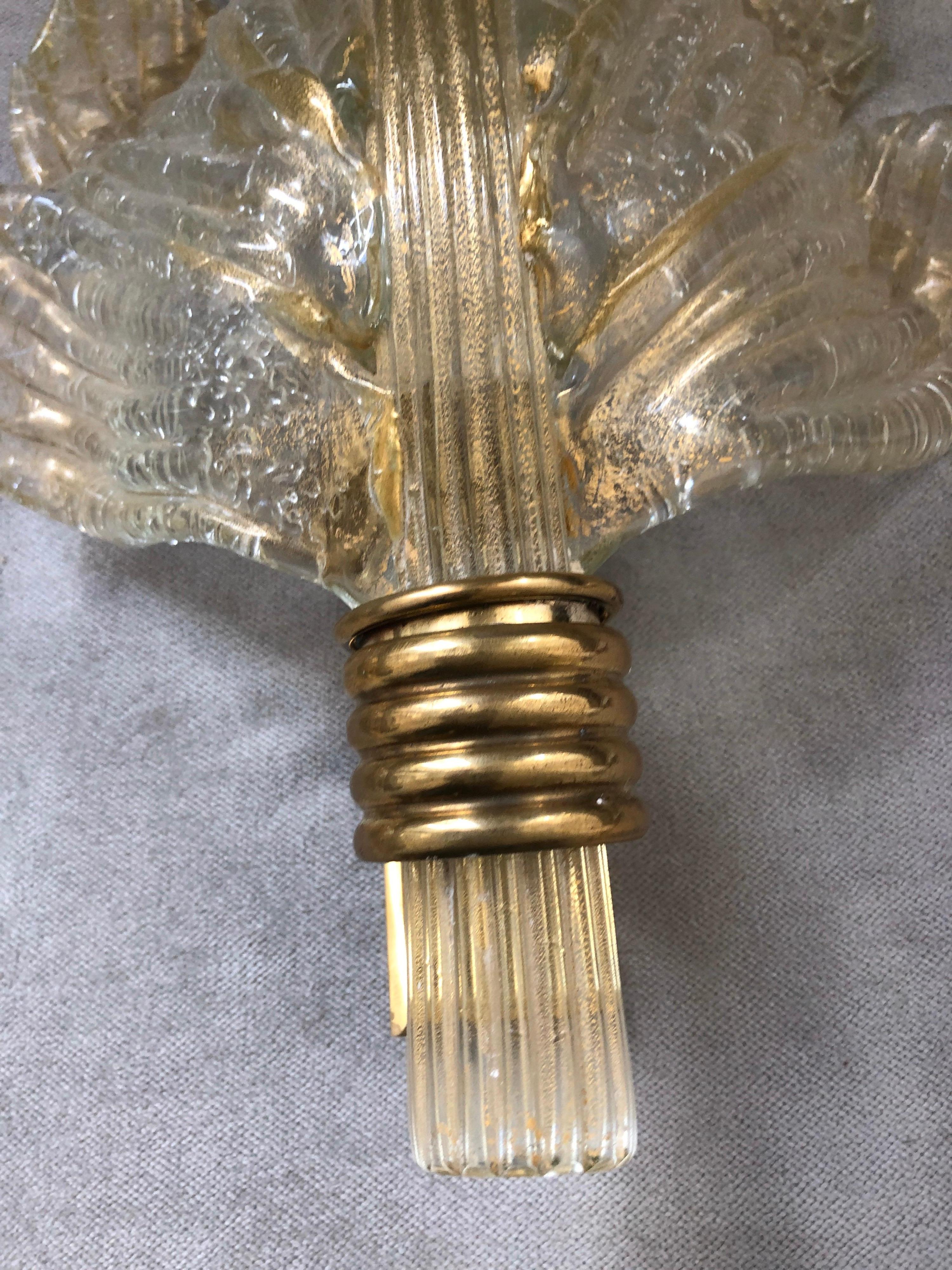 Pair of Murano 24-Karat Gold Flaked Crystal Wall Lights Leaf by Segusso, 1950s 11
