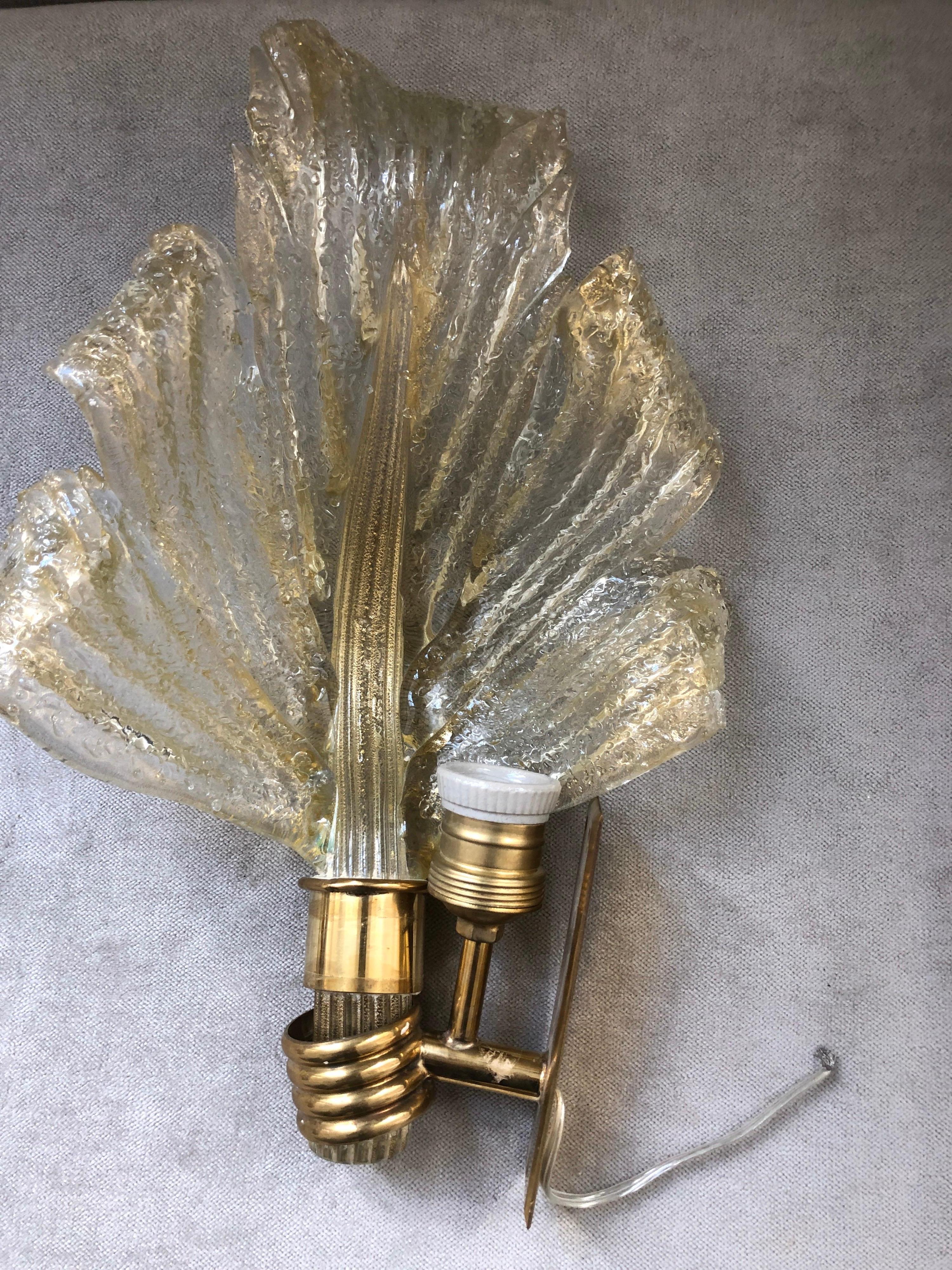 Brass Pair of Murano 24-Karat Gold Flaked Crystal Wall Lights Leaf by Segusso, 1950s