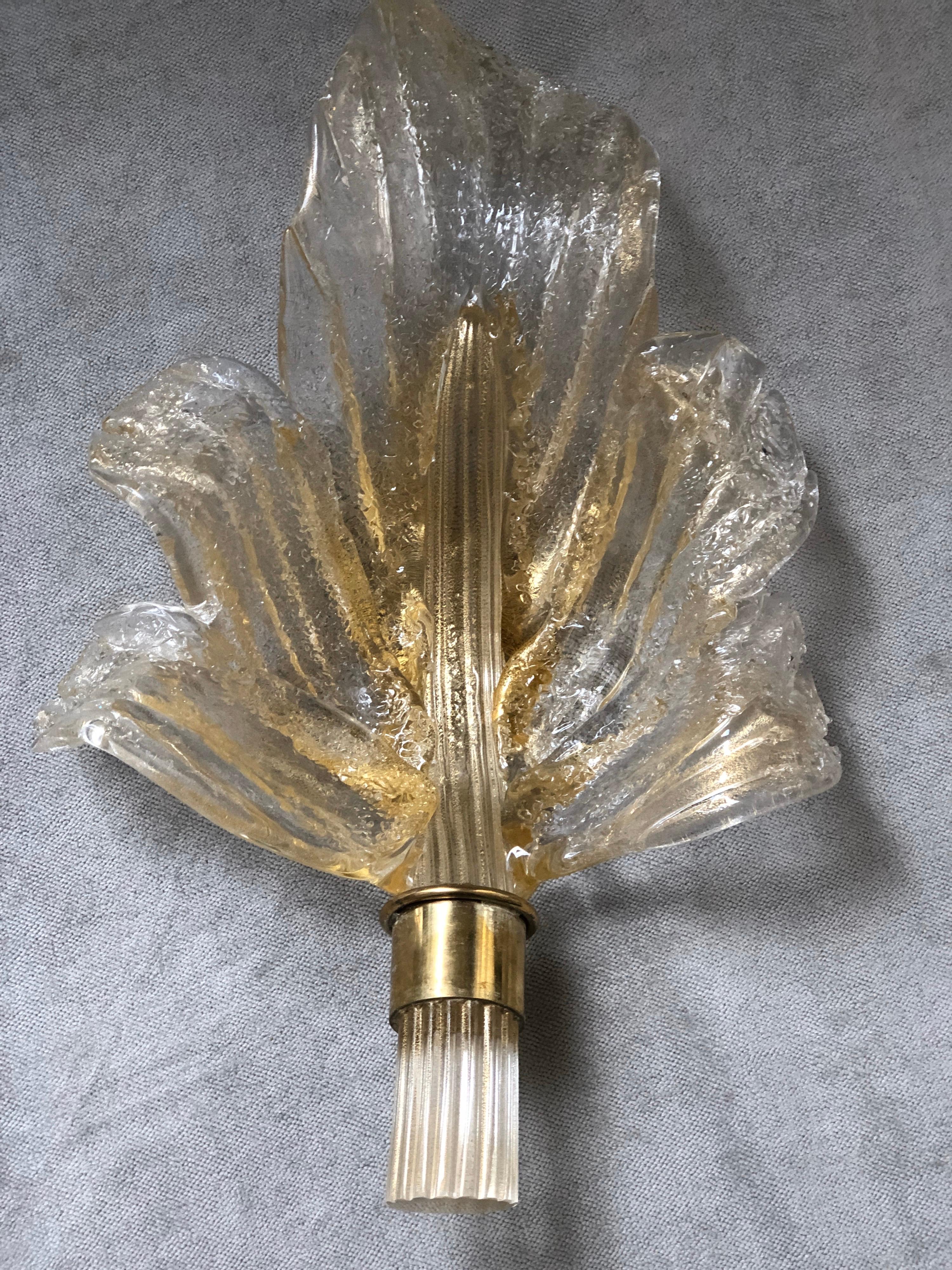 Pair of Murano 24-Karat Gold Flaked Crystal Wall Lights Leaf by Segusso, 1950s 1