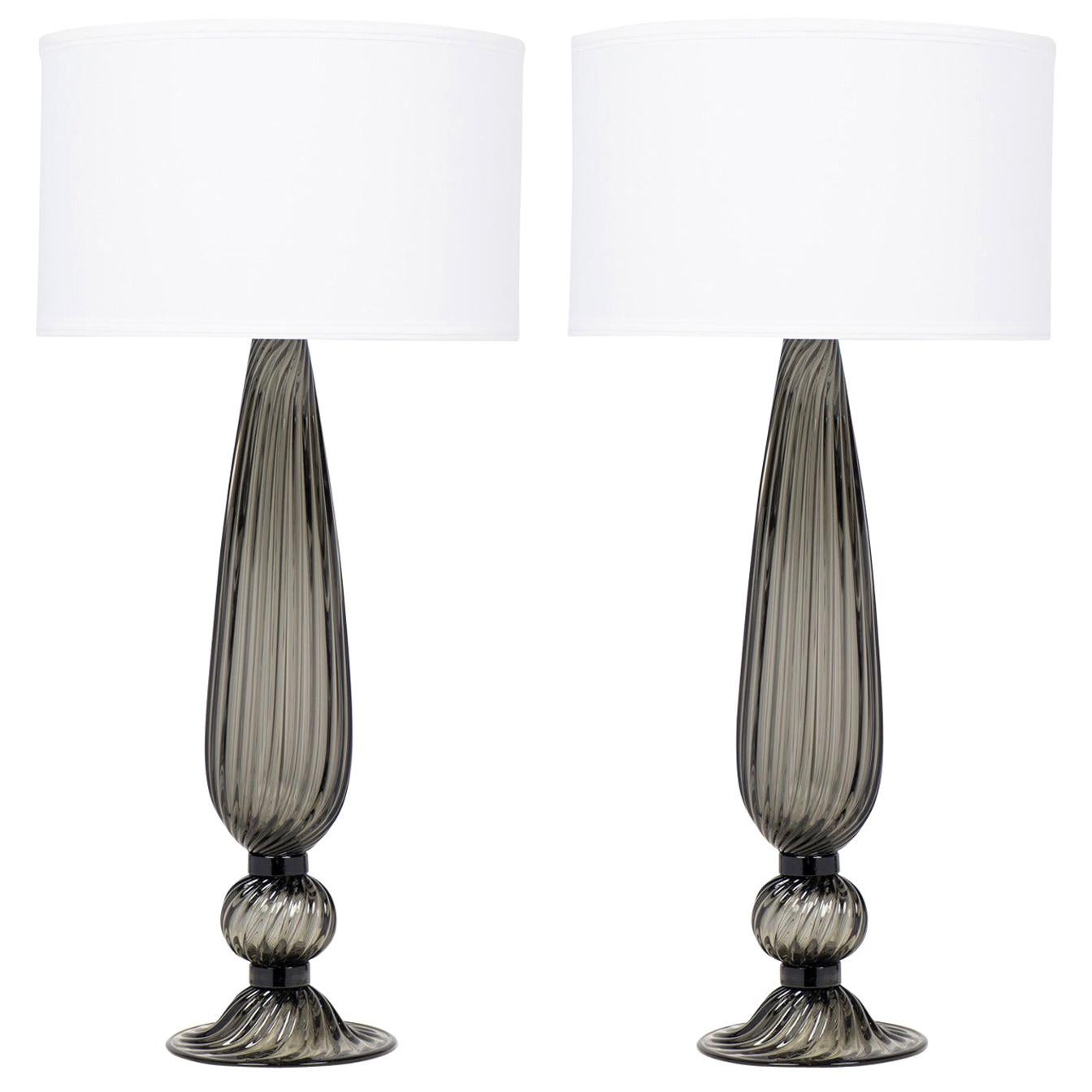 Pair of Murano "Acciaio" Blown Glass Lamps For Sale