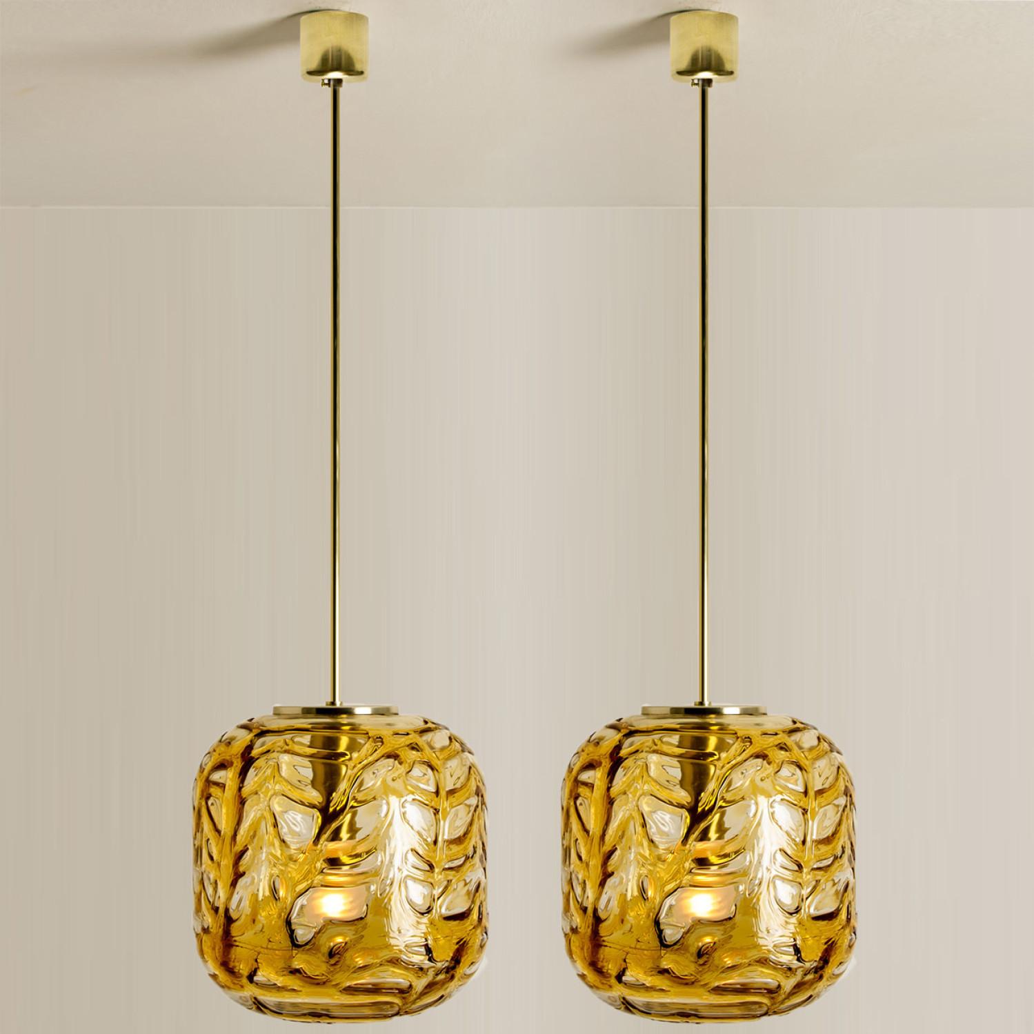 German Pair of Murano Amber Clear Glass Doria Pendant Lights, 1960s