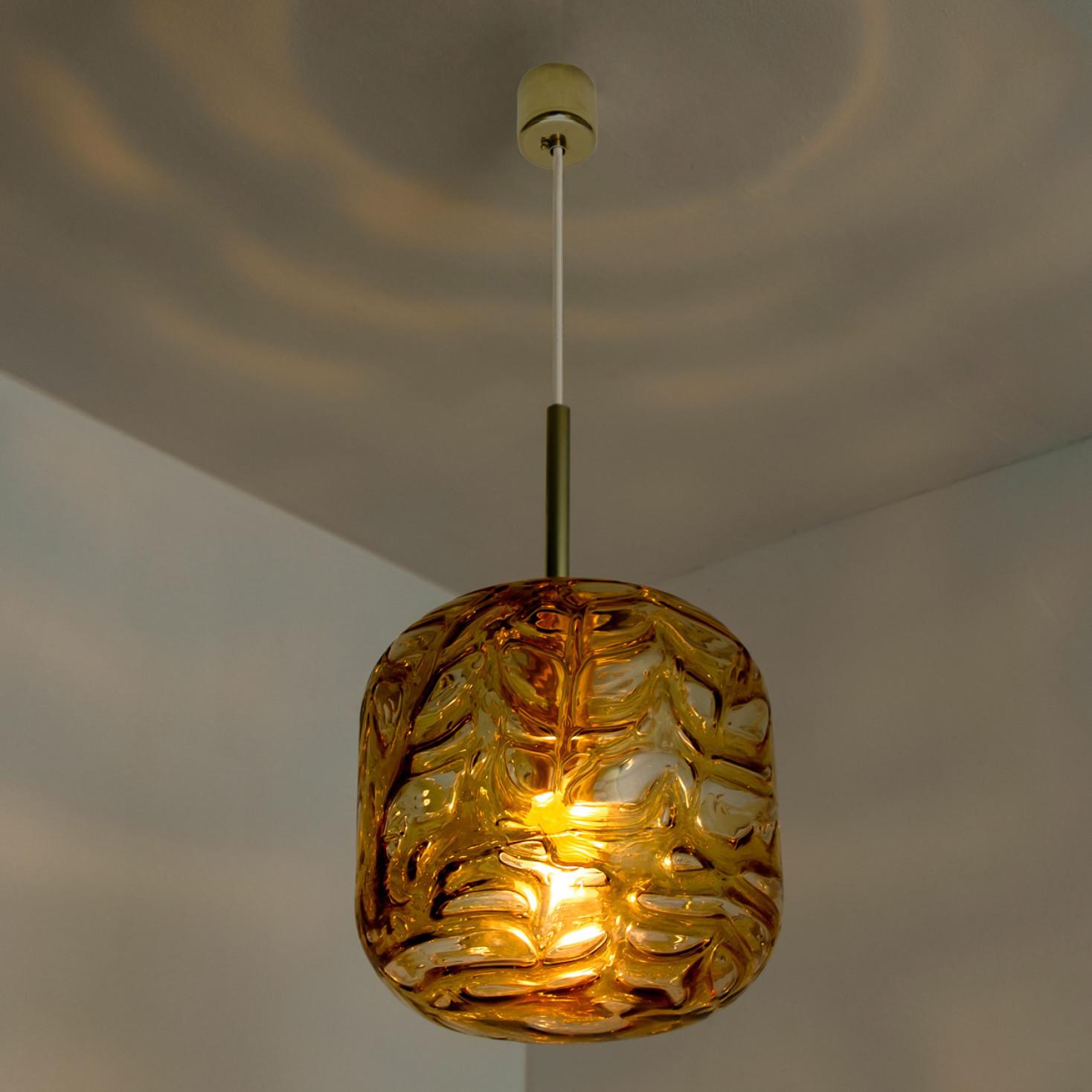 Brass Pair of Murano Amber Clear Glass Doria Pendant Lights, 1960s