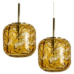 Pair of Murano Amber Clear Glass Doria Pendant Lights, 1960s