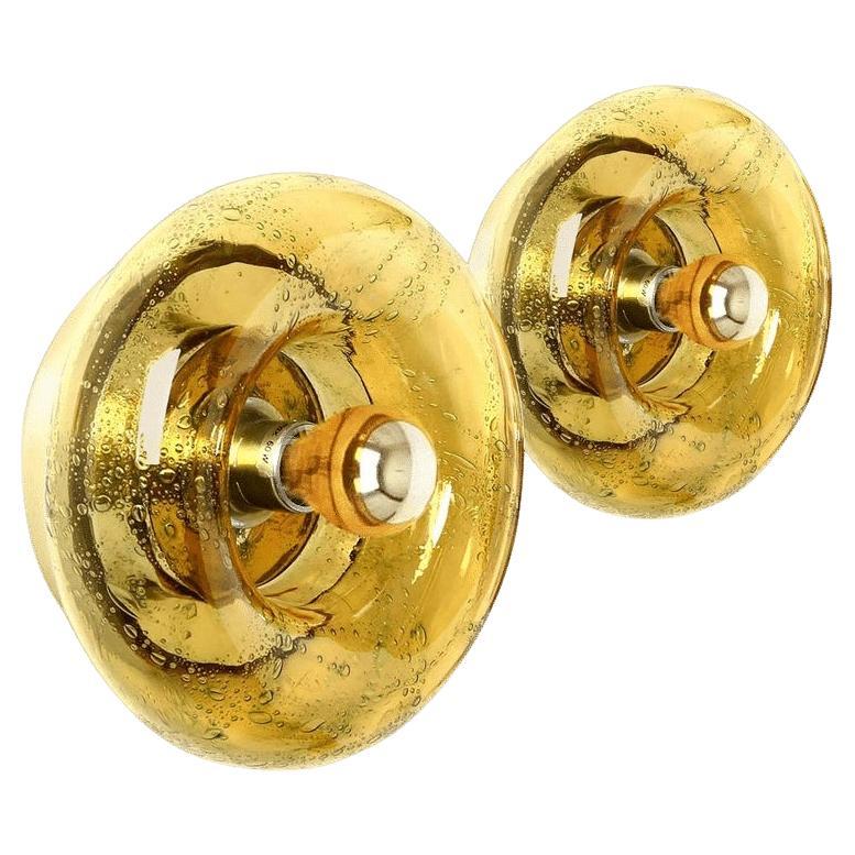 Pair of Murano Amber Glass Flush Mounts or Wall Lights, 1970s