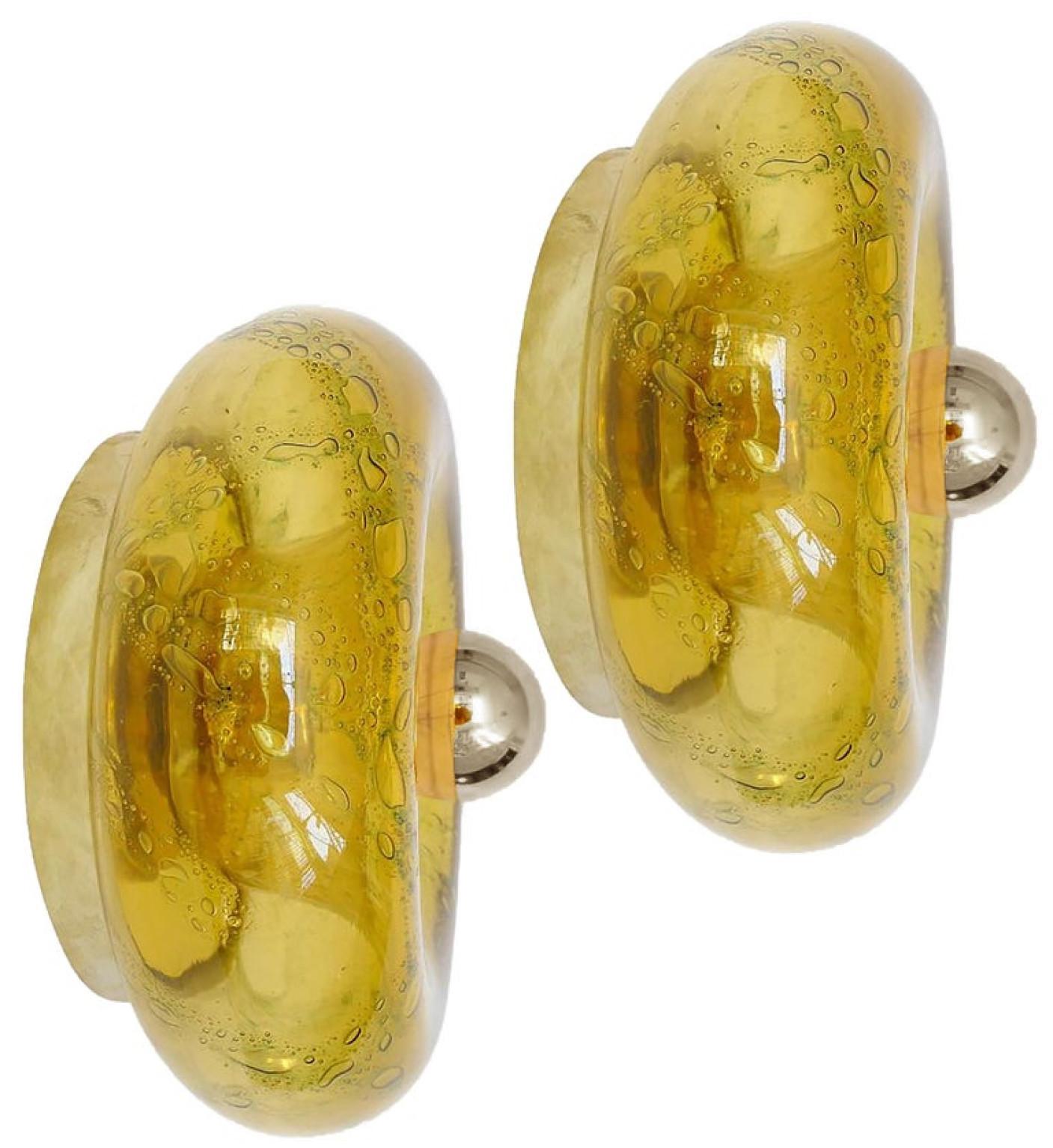 Mid-Century Modern Pair of Murano Amber Glass Flushmounts or Wall Lights, 1970s For Sale