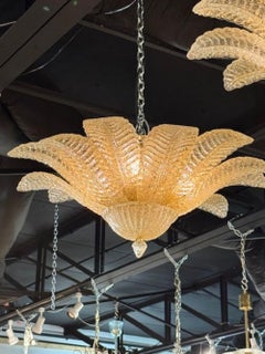 Pair of Murano Amber Granola Palm Leaf Flush Mount Chandeliers