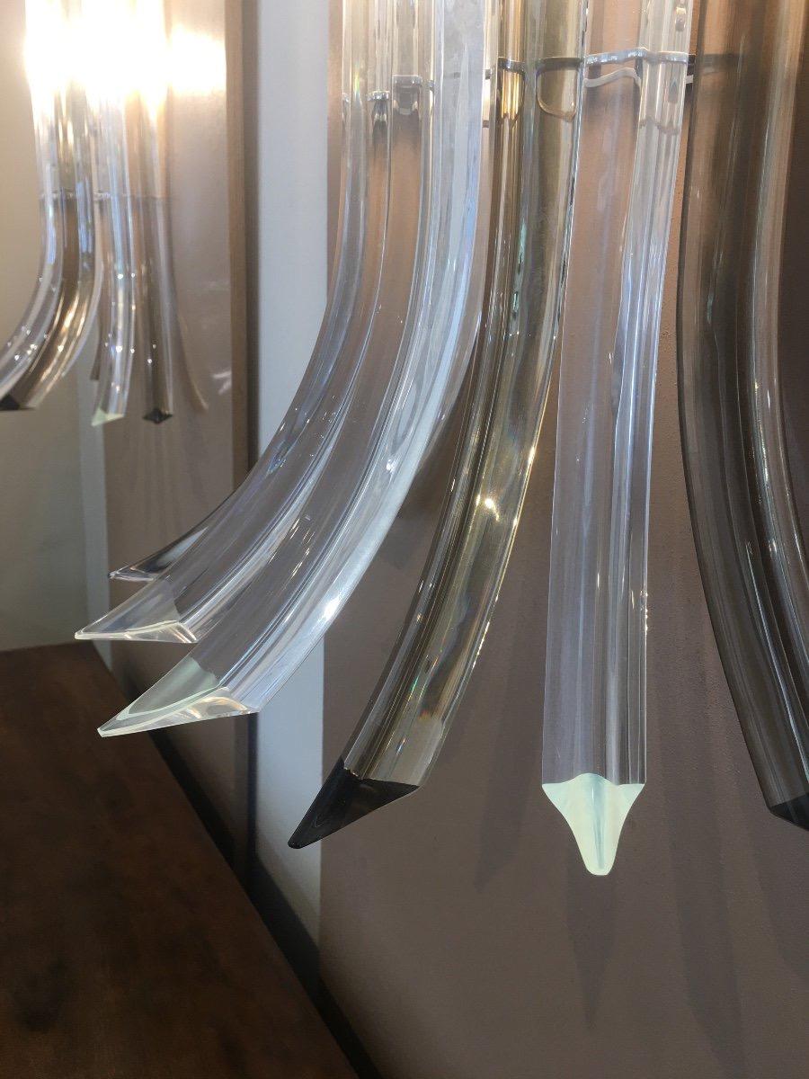 Pair of Murano wall lignhts Baguettes in clear and smoked glass curved ad each end (8) steel structure , with 4 E 14 bulbs, the glass rods can be removed for transport.