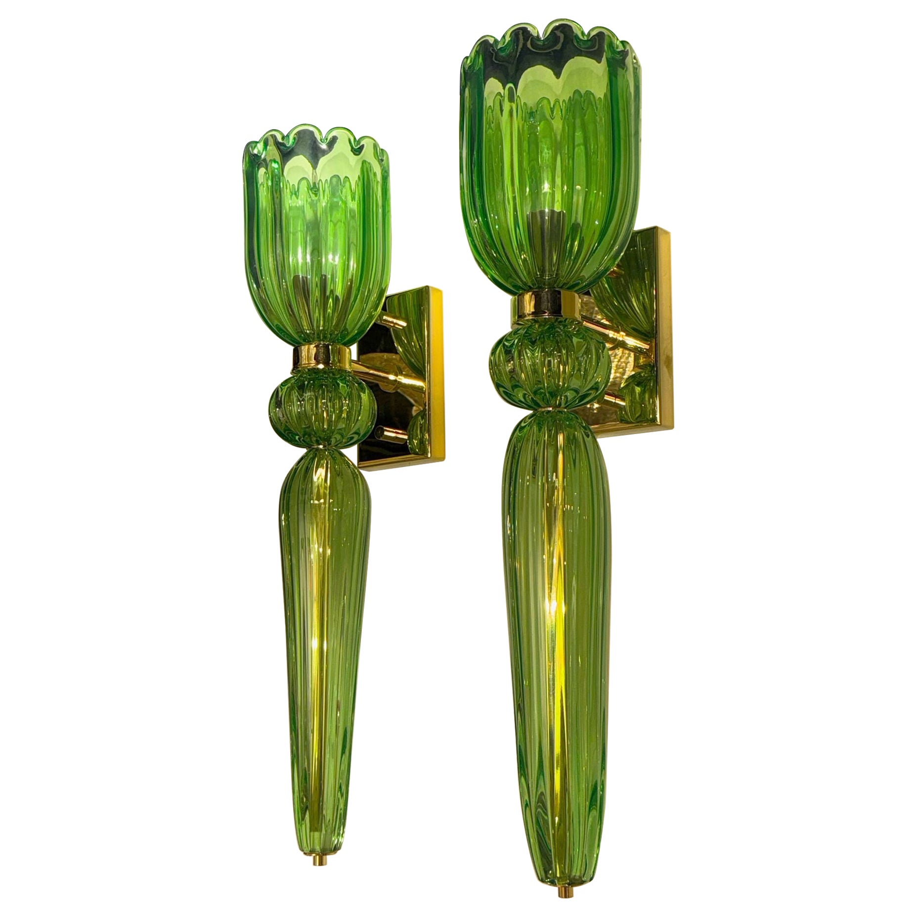 Pair of Murano Apple Green Torch Sconces For Sale