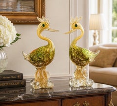 Pair of Murano Art Glass Exotic Birds on Clear Sculptural Bases Italian