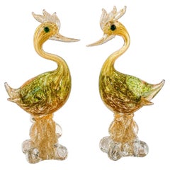 Pair of Murano Art Glass Exotic Birds on Clear Sculptural Bases Italian