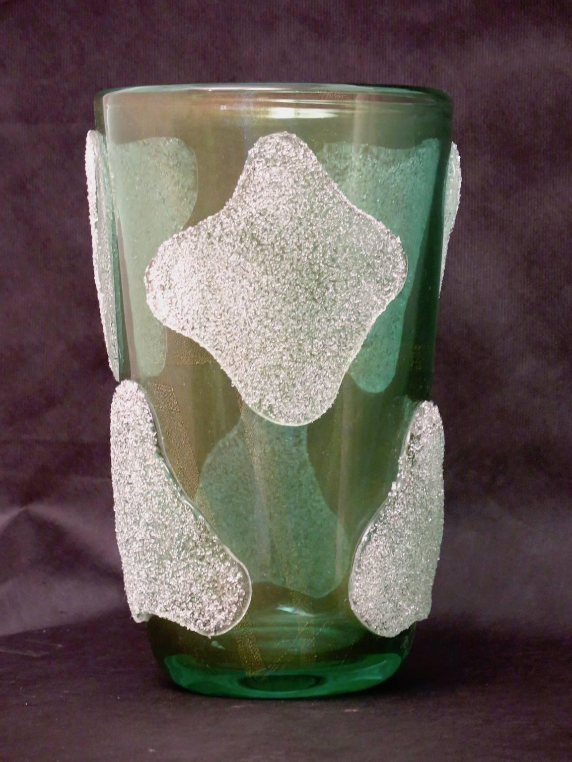 Mid-Century Modern Pair of Murano Art Glass Green and White Vases, 1980