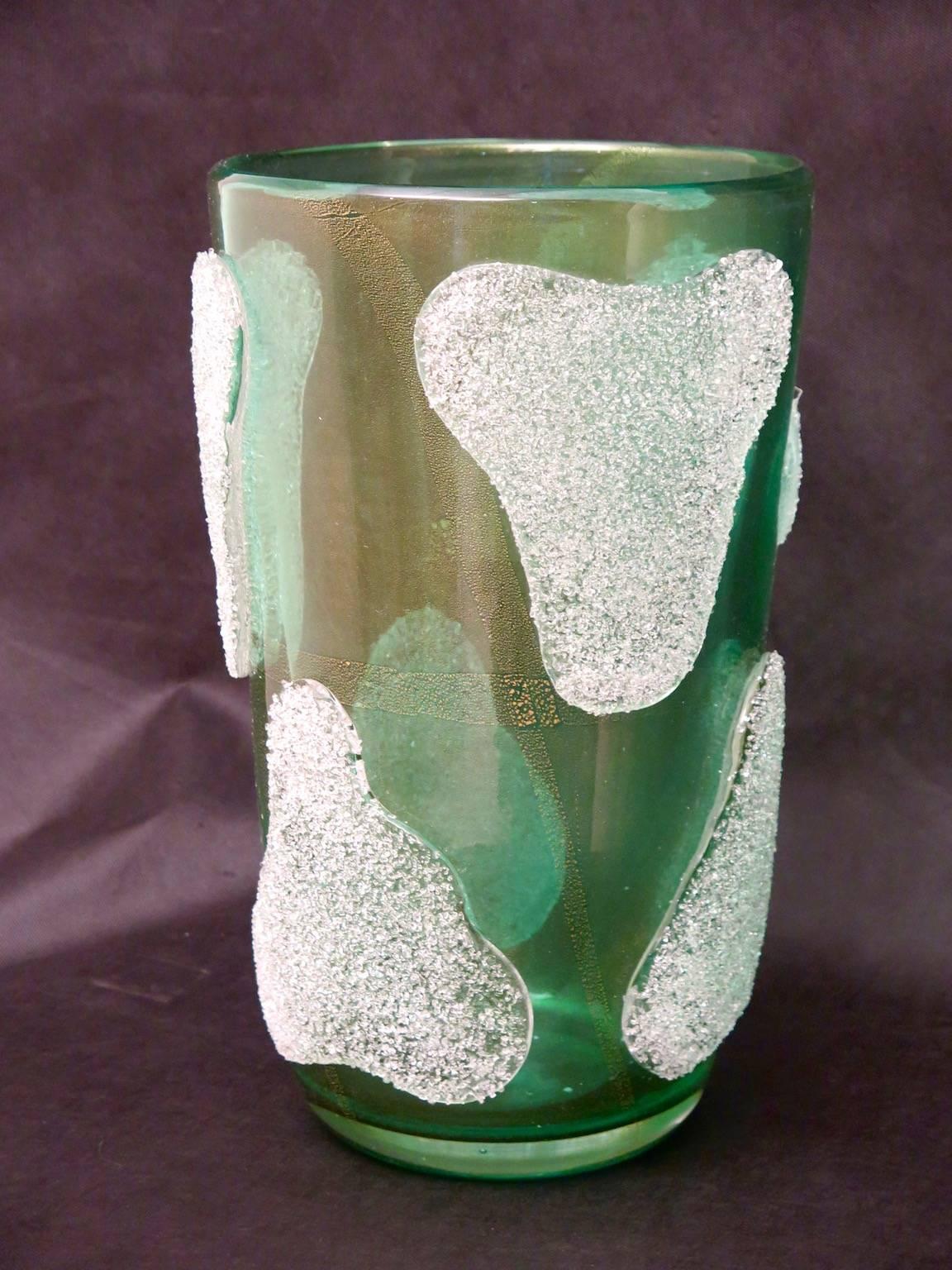 Late 20th Century Pair of Murano Art Glass Green and White Vases, 1980