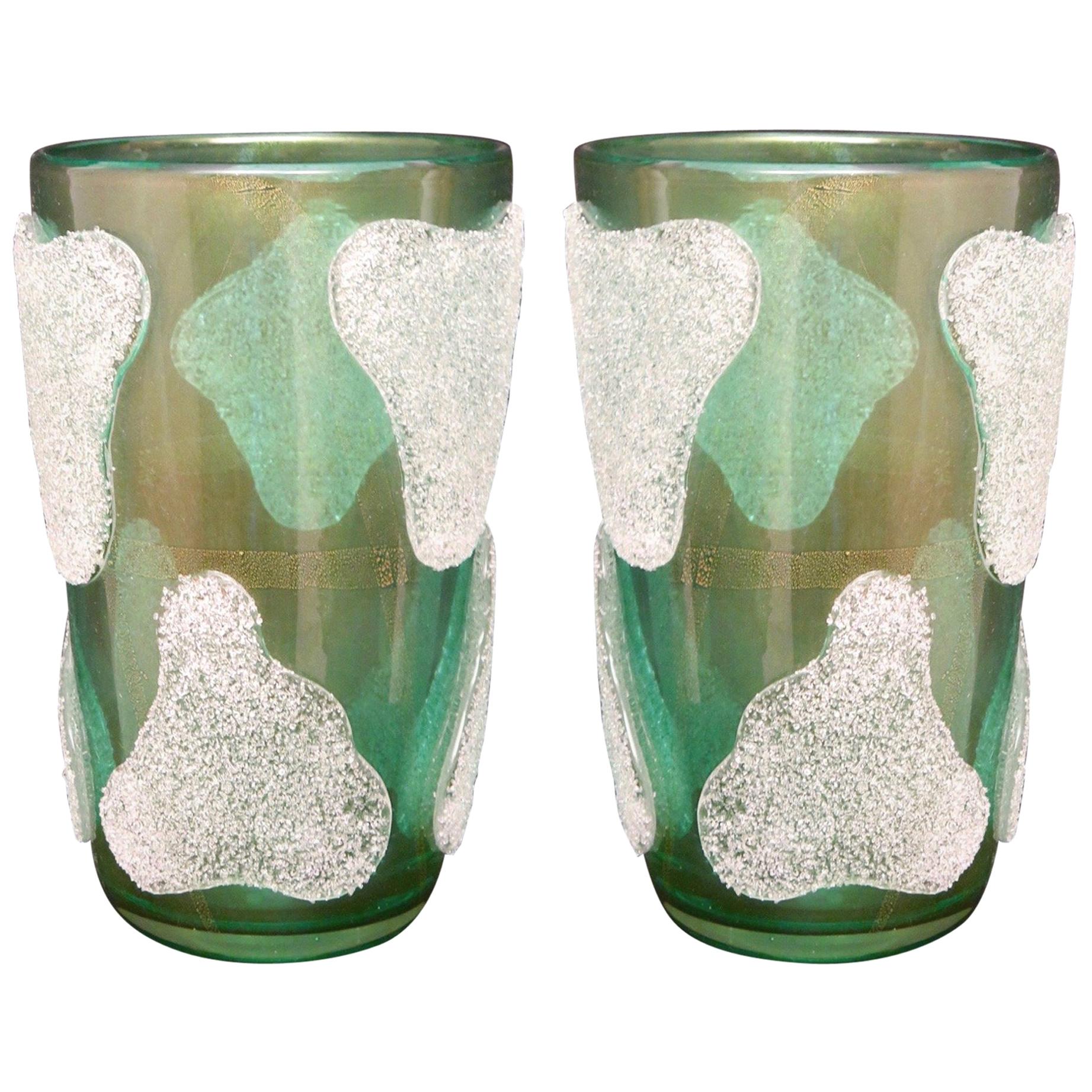 Pair of Murano Art Glass Green and White Vases, 1980