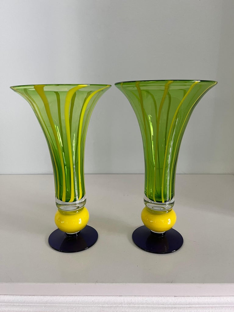 Hand-Crafted Pair of Murano Art Glass Trumpet Vases For Sale