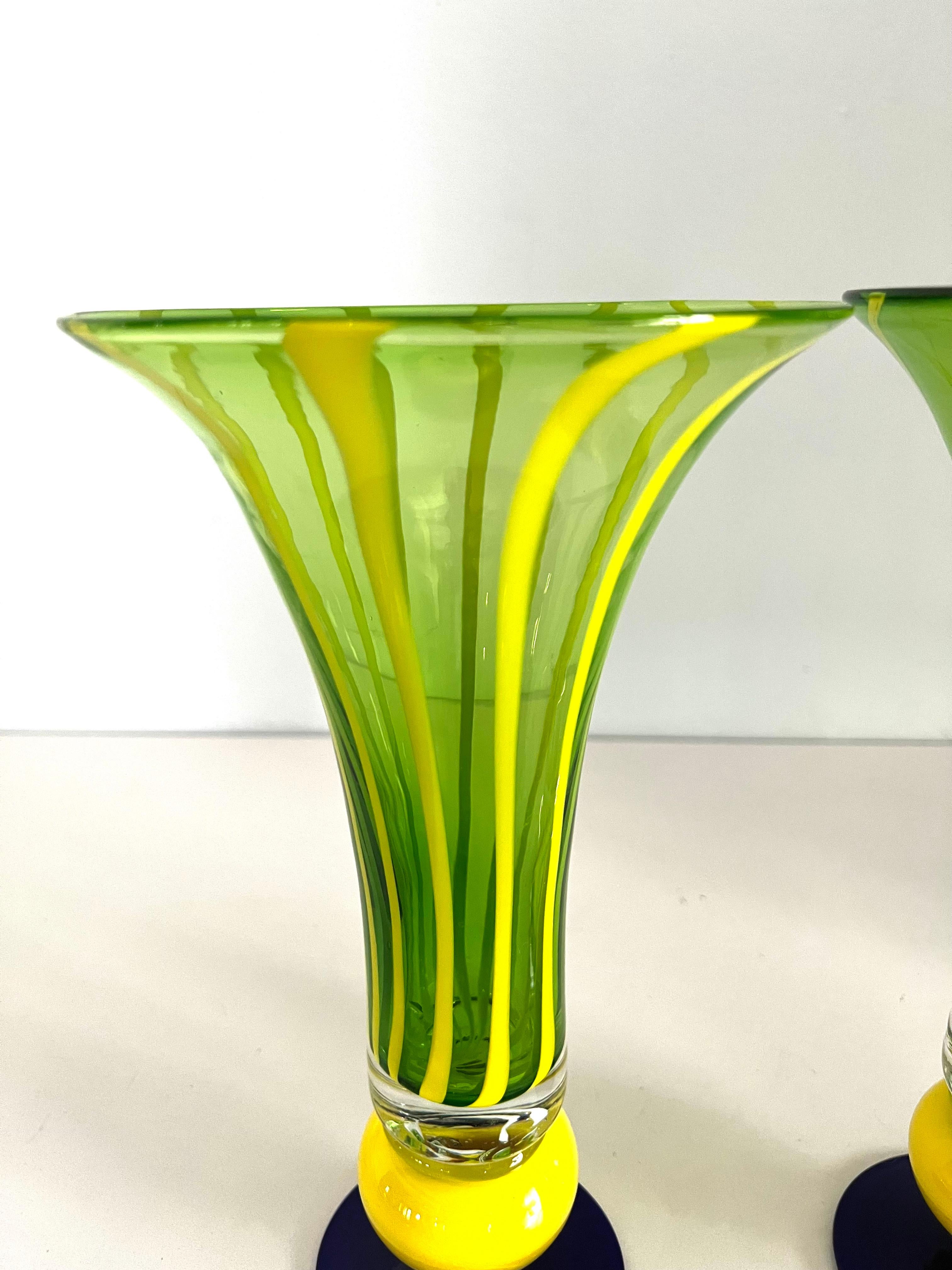 Italian Pair of Murano Art Glass Trumpet Vases For Sale