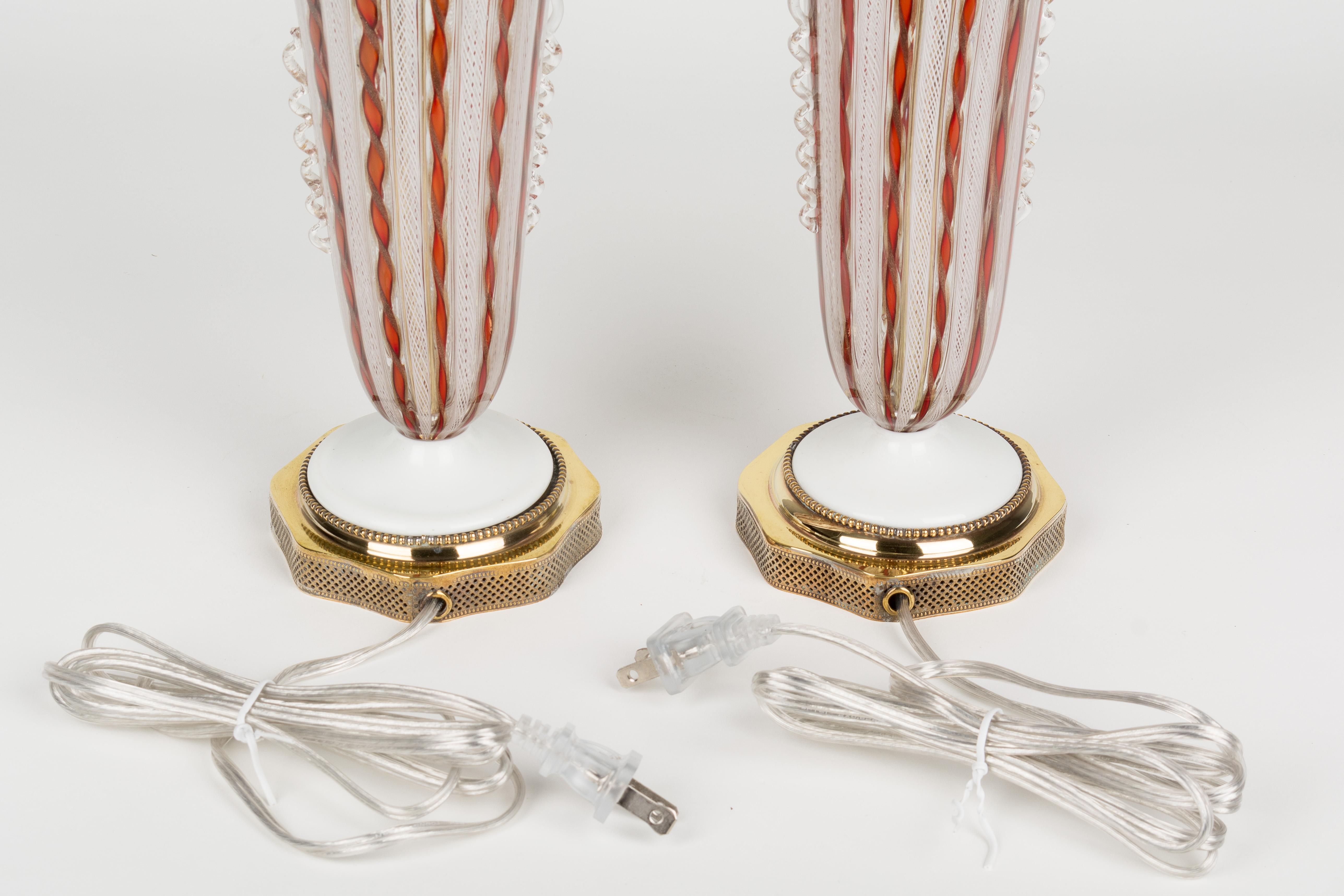 Pair of Murano AVEM Latticino Glass Lamps 2
