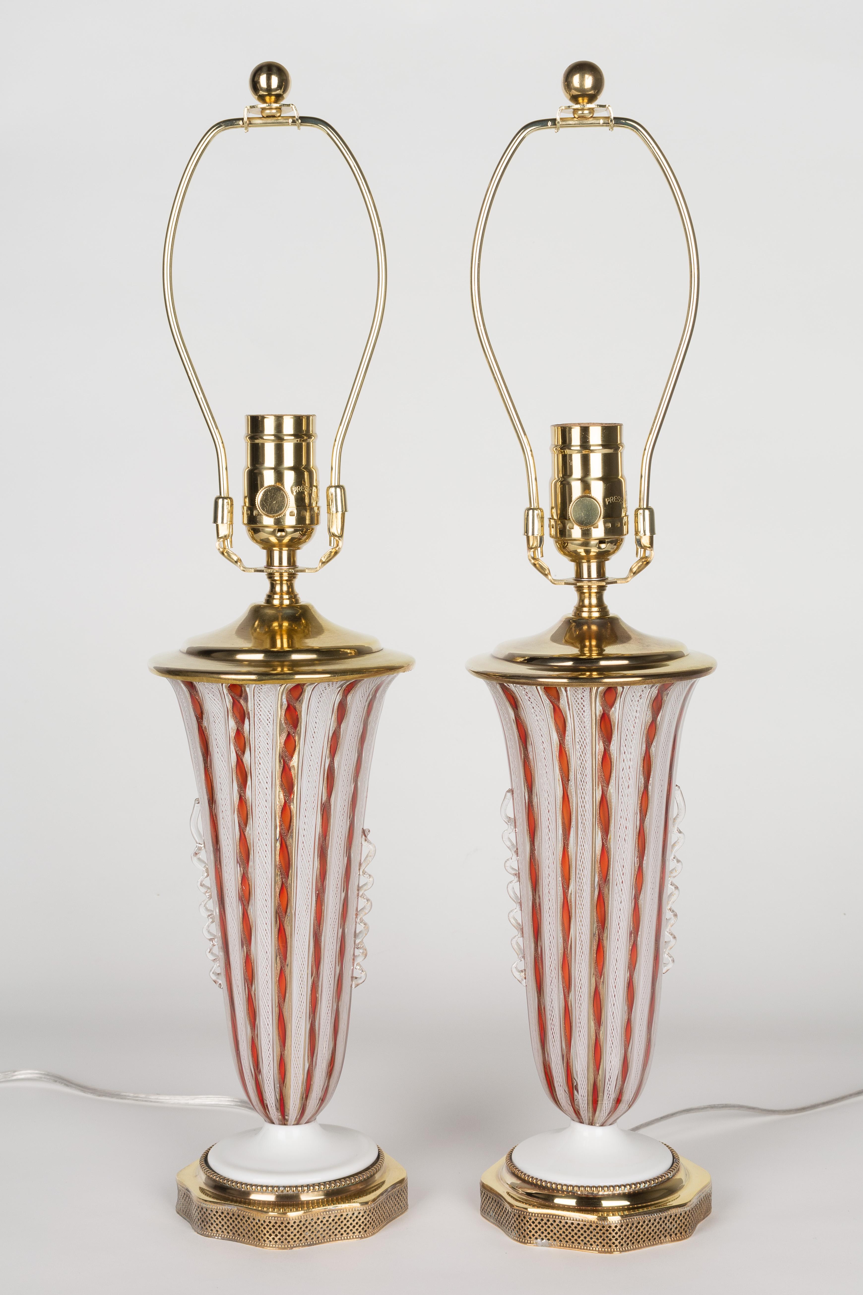 Mid-Century Modern Pair of Murano AVEM Latticino Glass Lamps