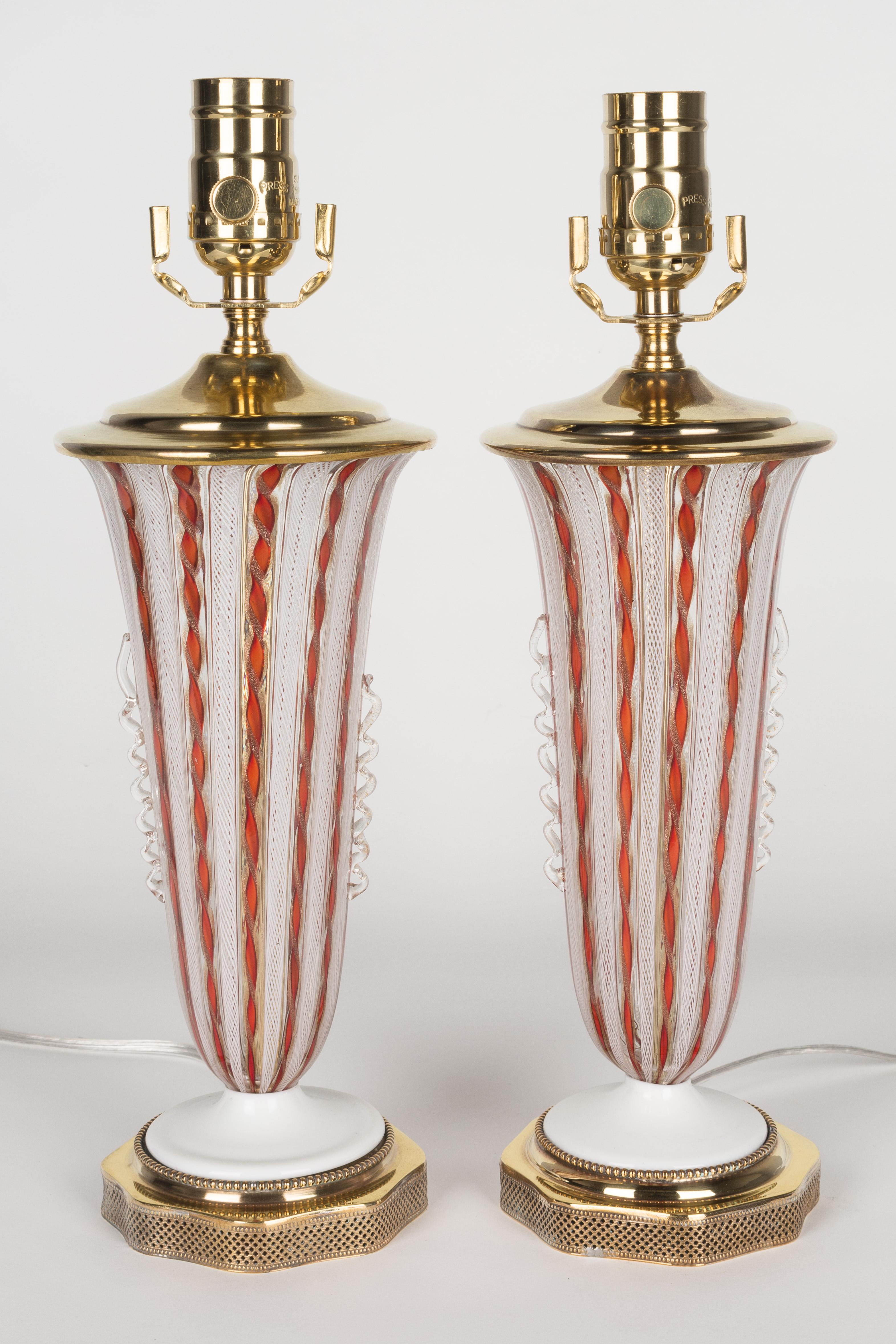 Italian Pair of Murano AVEM Latticino Glass Lamps