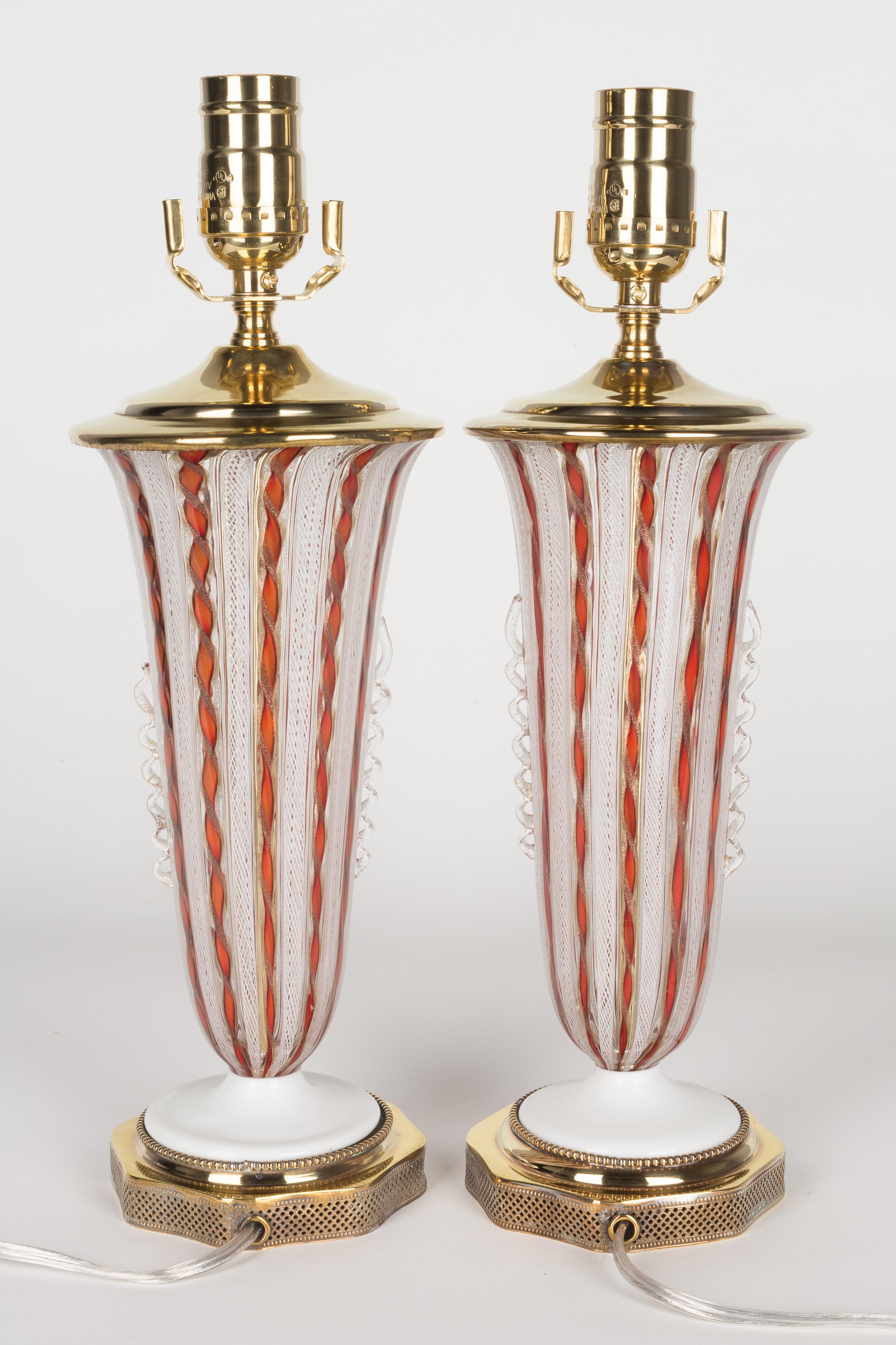 Pair of Murano AVEM Latticino Glass Lamps In Good Condition In Winter Park, FL