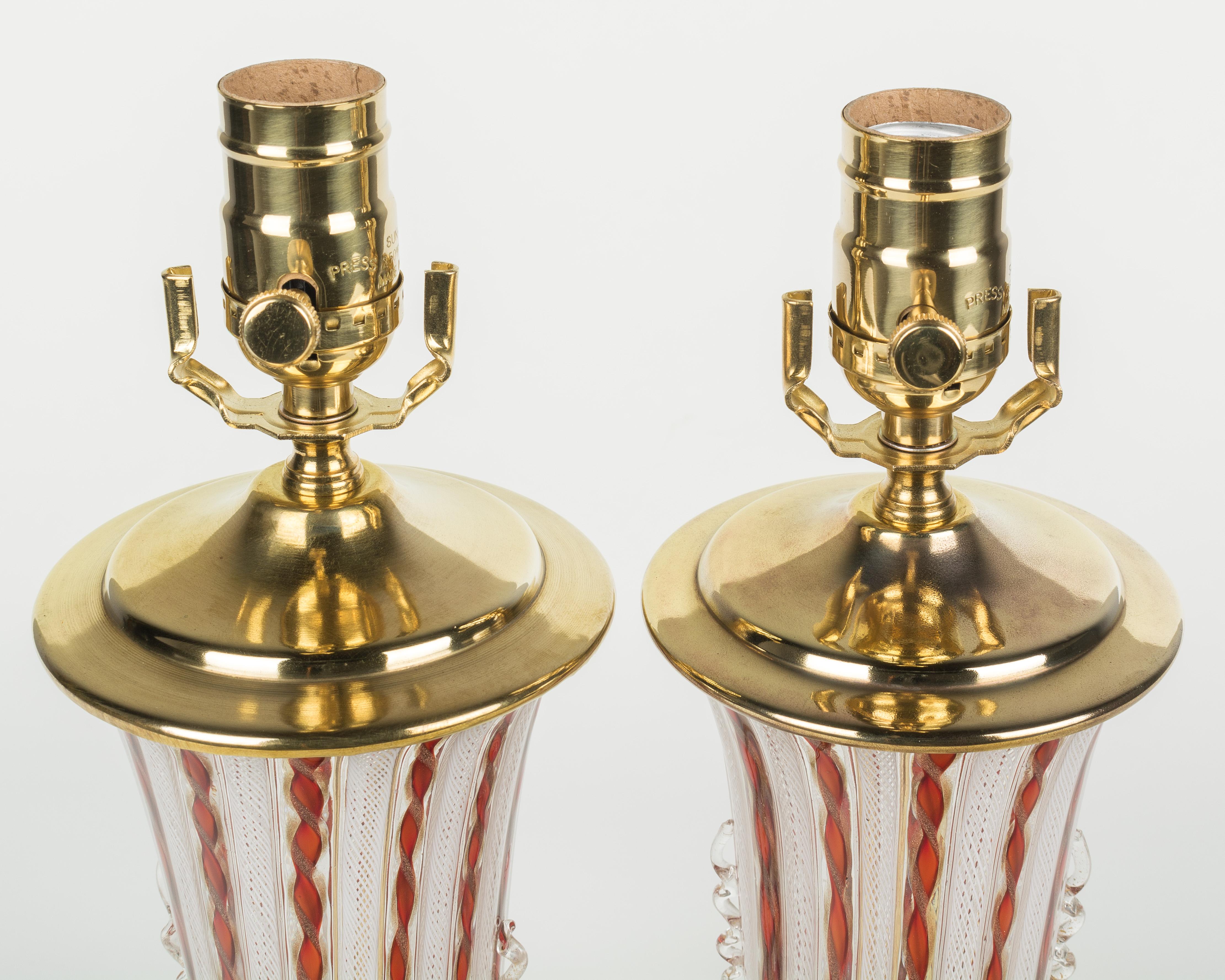 Brass Pair of Murano AVEM Latticino Glass Lamps