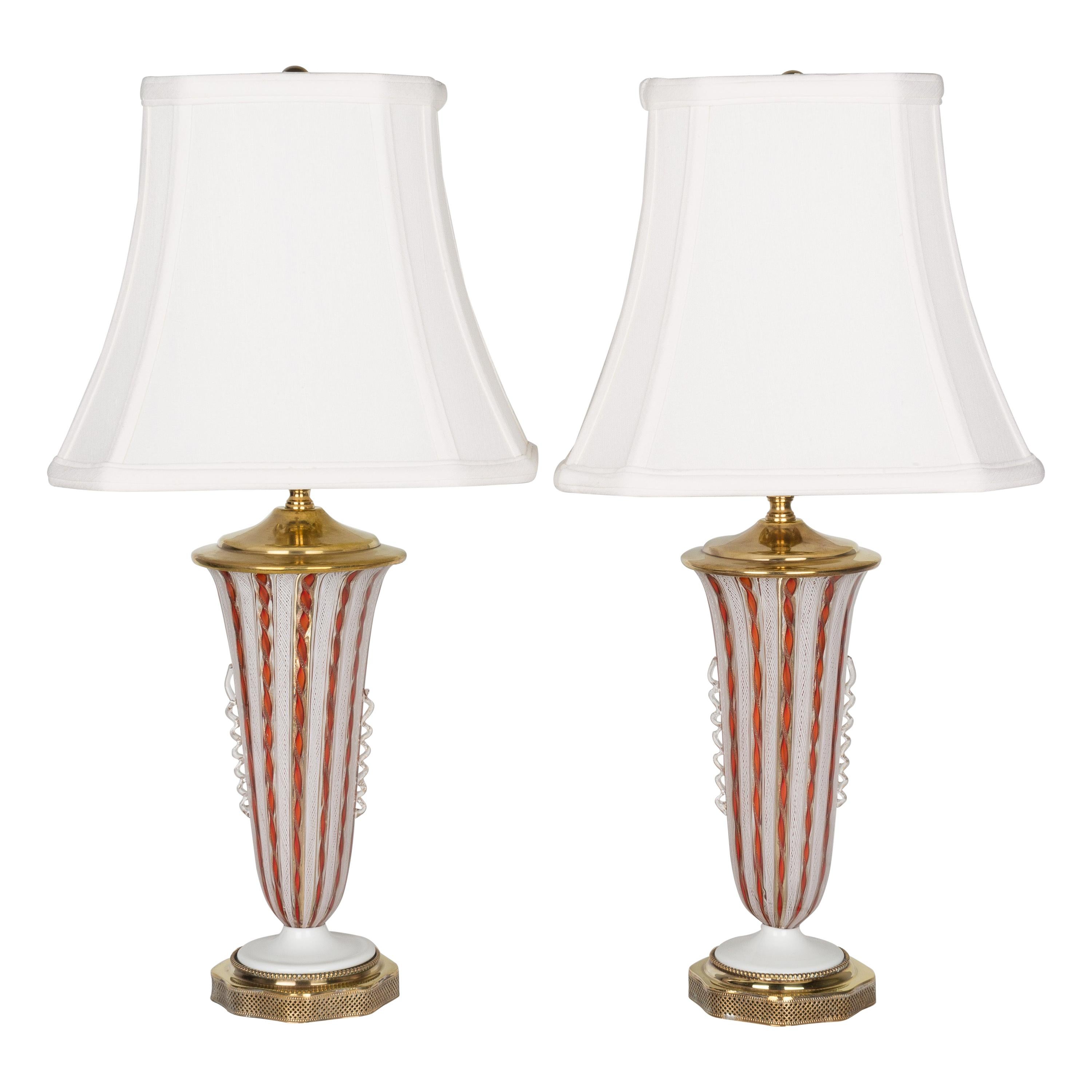 Pair of Murano AVEM Latticino Glass Lamps