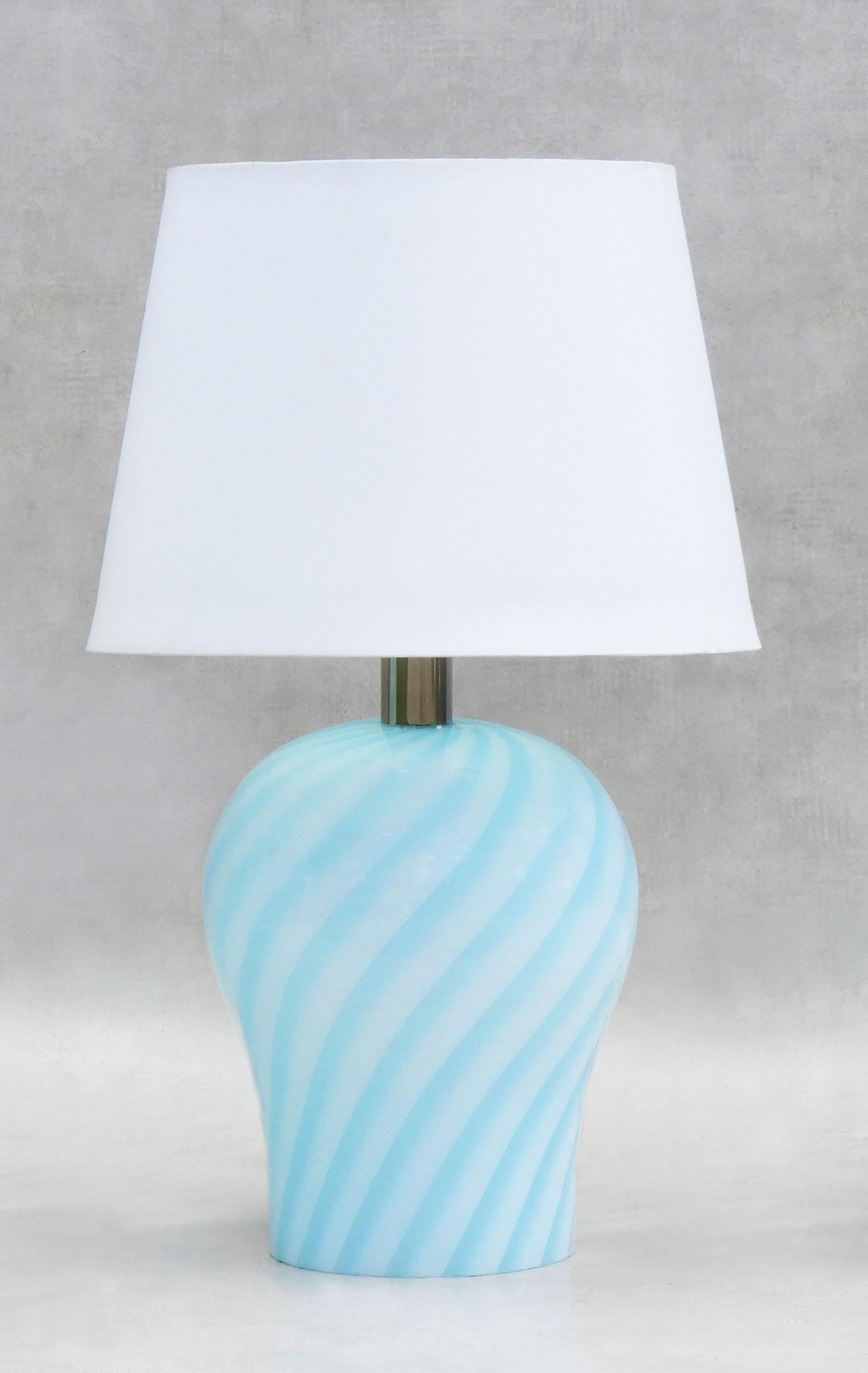 Italian Pair of Murano Baby Blue Swirl Glass Lamps C1970 Italy For Sale