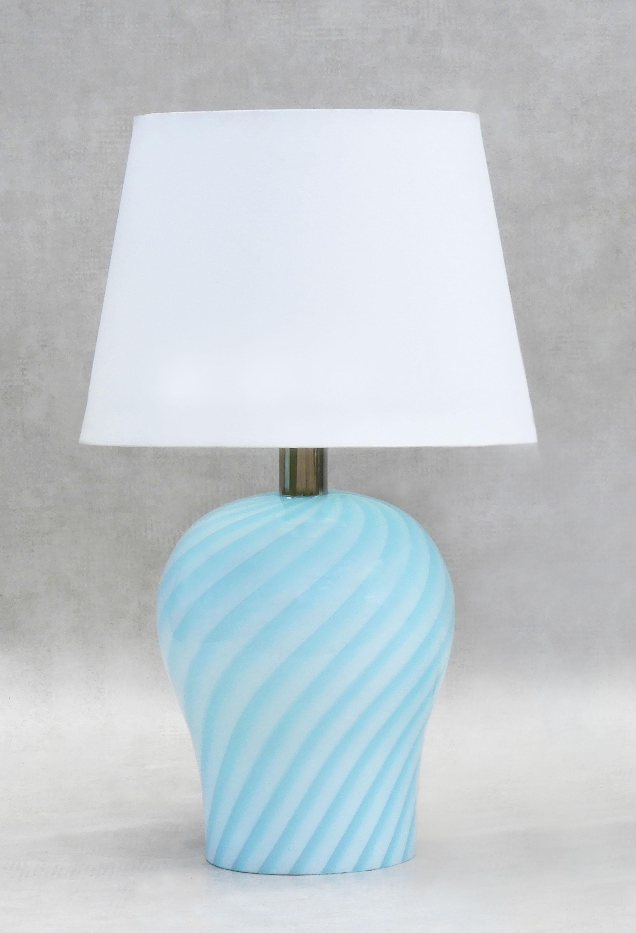 Pair of Murano Baby Blue Swirl Glass Lamps C1970 Italy In Good Condition For Sale In Trensacq, FR