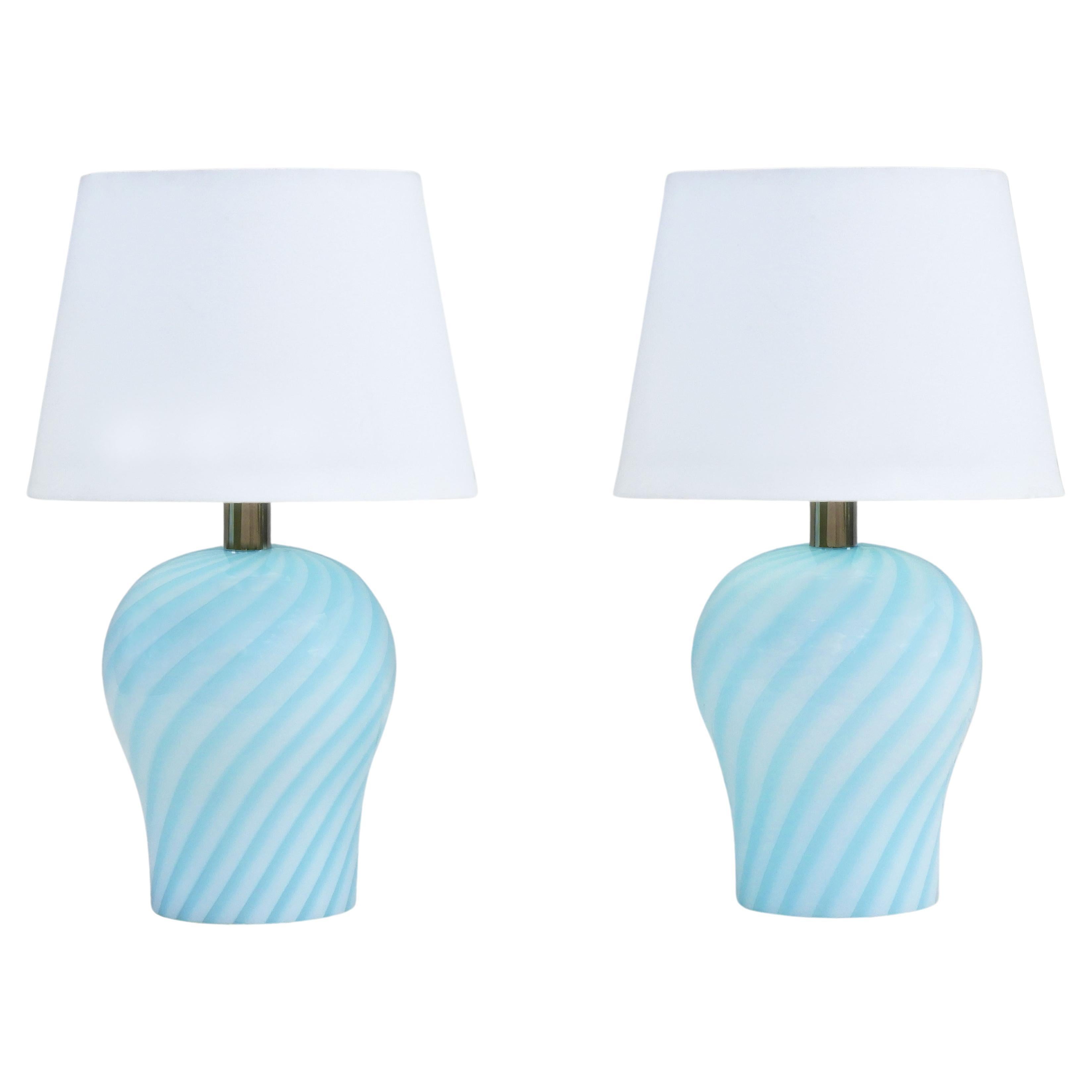 Pair of Murano Baby Blue Swirl Glass Lamps C1970 Italy