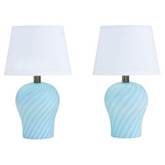 Vintage Pair of Murano Baby Blue Swirl Glass Lamps C1970 Italy