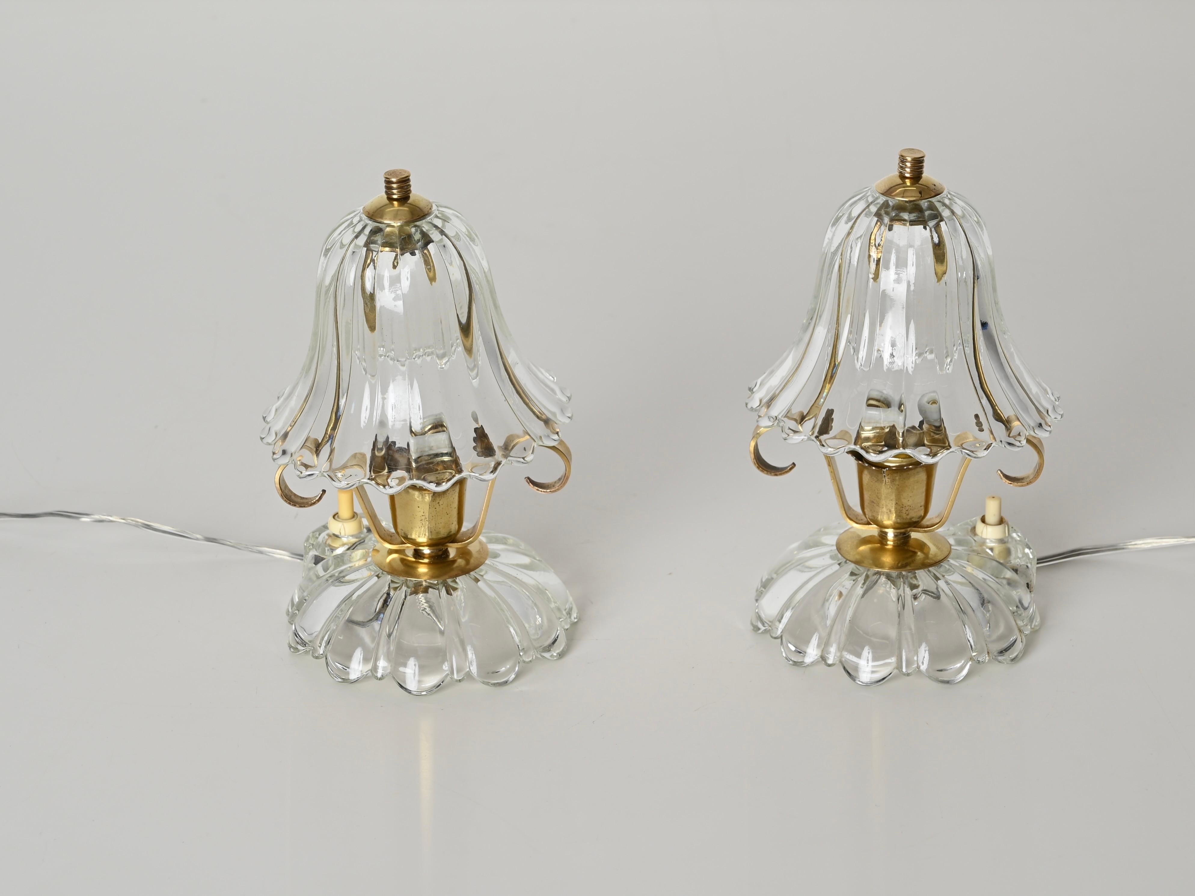 Paar Murano Barovier-Tischlampen „Bell“ aus Glas und Messing, Italien, 1940er Jahre im Angebot 6
