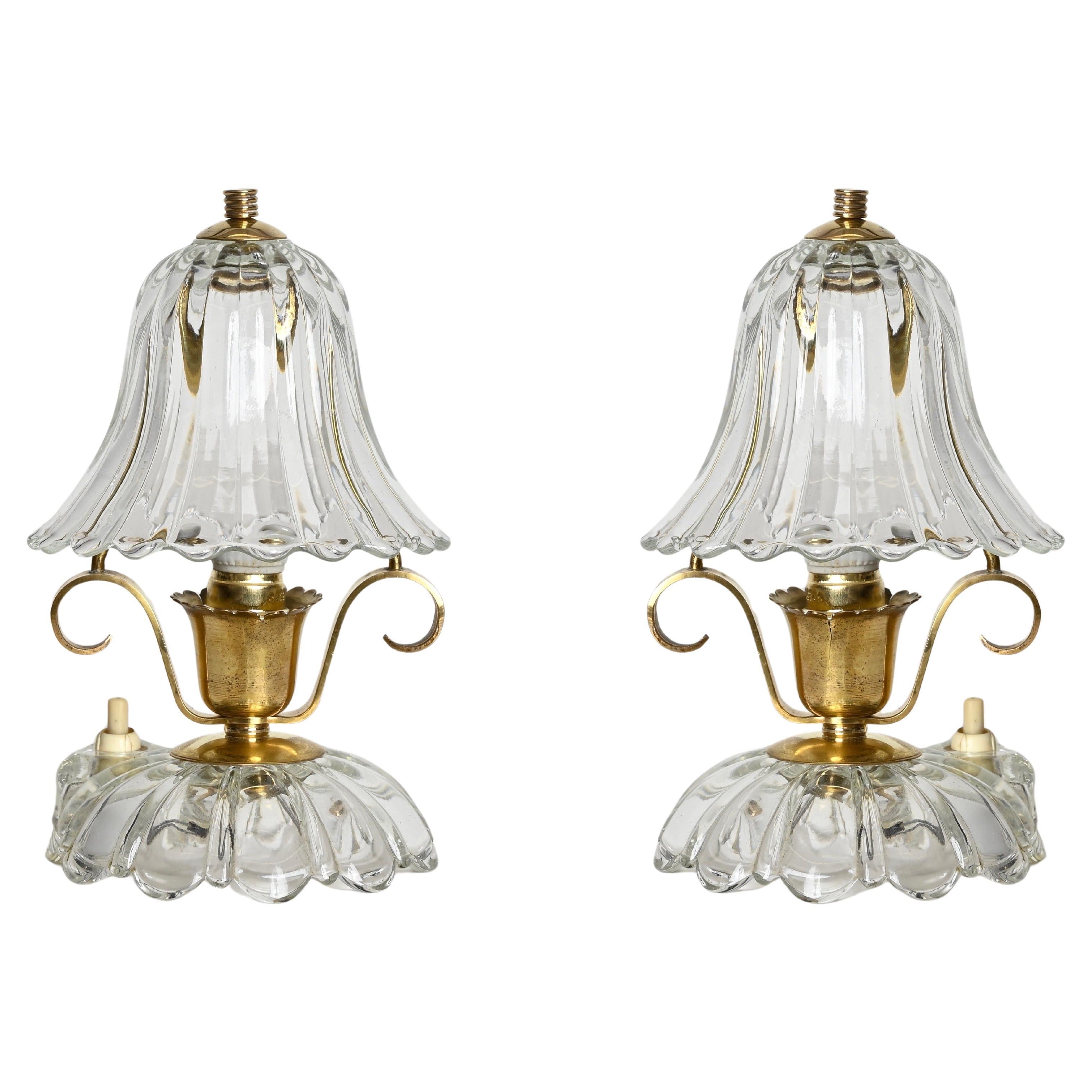 Pair of Murano Barovier Glass and Brass "Bell" Table Lamps, Italy, 1940s