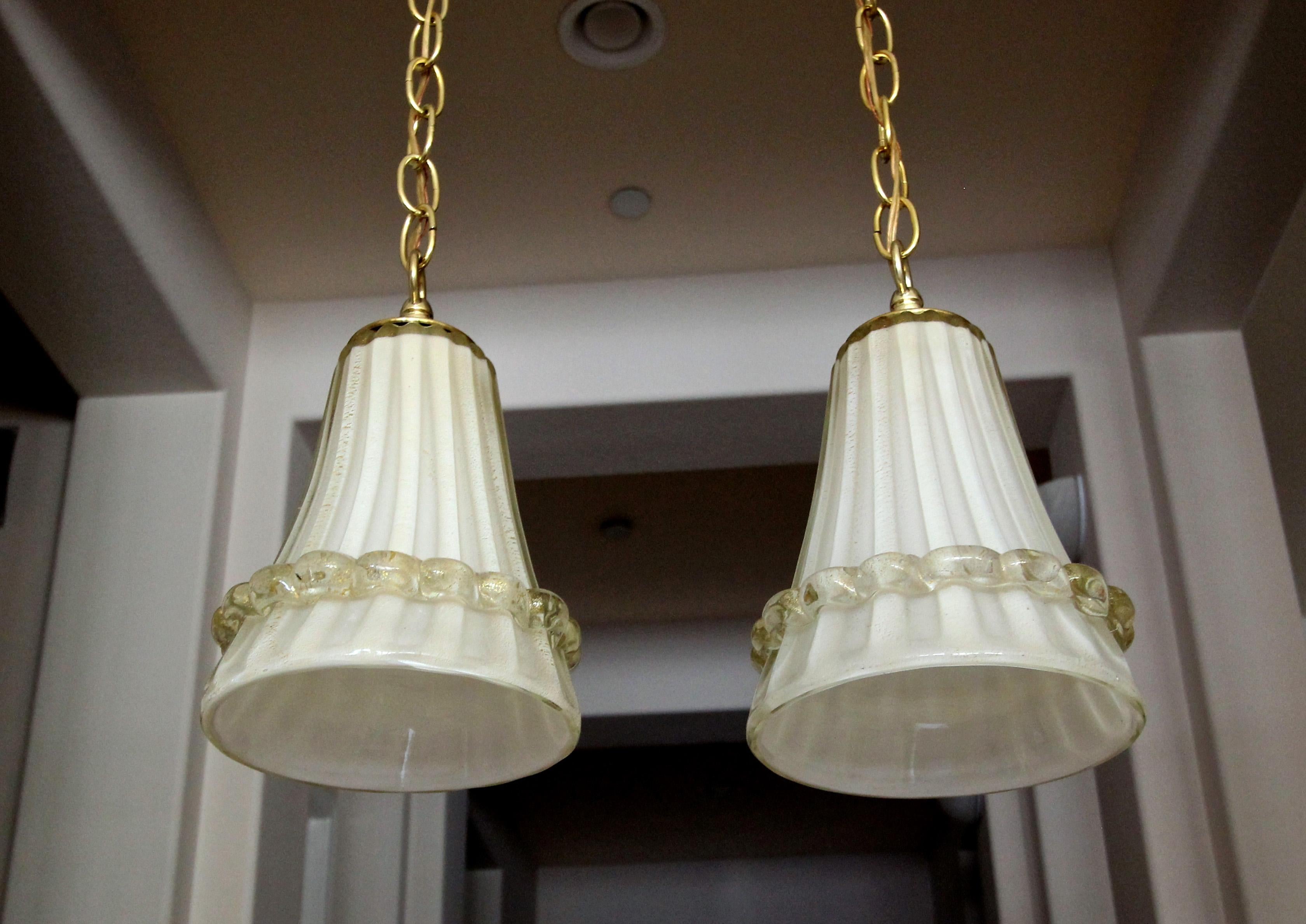 Pair of Murano Glass Cream and Gold Ceiling Light Pendants 12