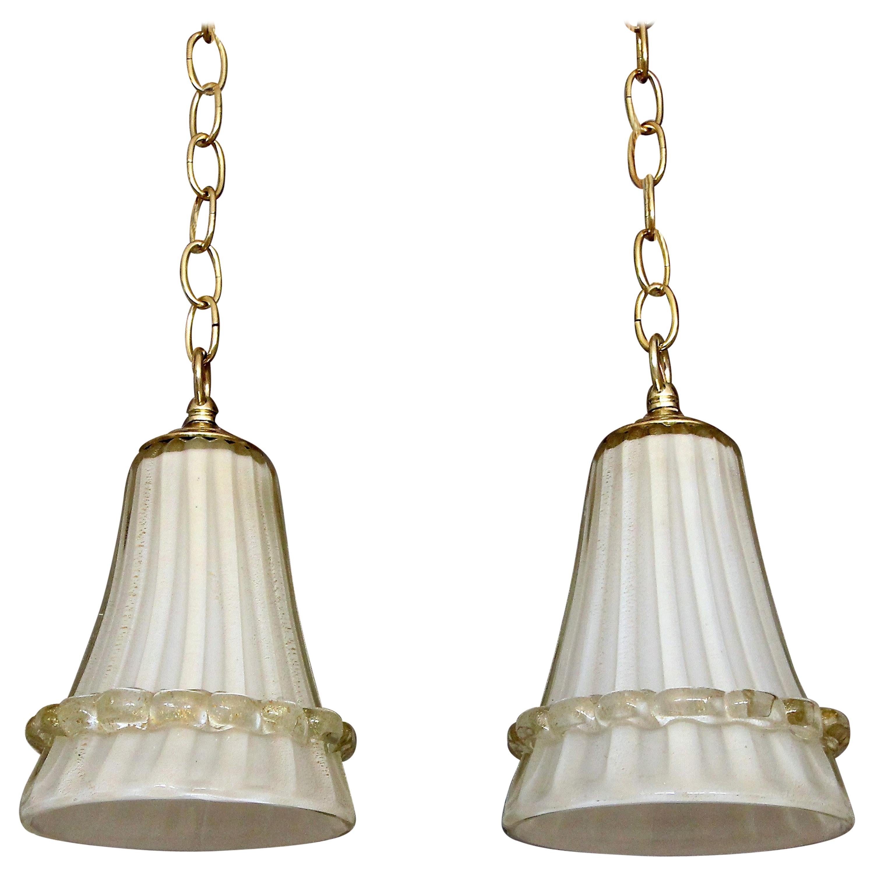 Pair of Murano Glass Cream and Gold Ceiling Light Pendants