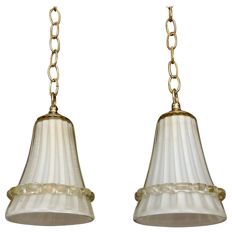 Pair of Murano Glass Cream and Gold Ceiling Light Pendants For Sale at 1stdibs