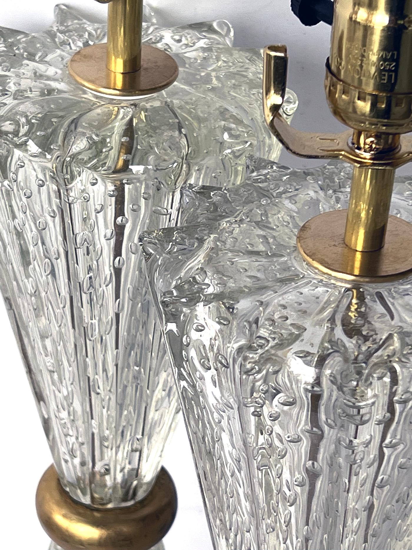 Italian Pair of Murano Barovier & Toso Clear Bullicante Lamps with Pinched Mid-Section