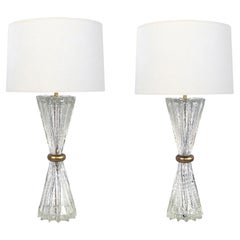 Pair of Murano Barovier & Toso Clear Bullicante Lamps with Pinched Mid-Section