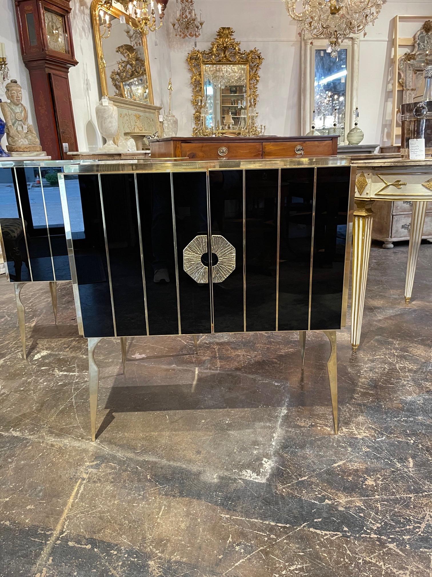 Italian Pair of Murano Black Glass and Brass Side Tables For Sale
