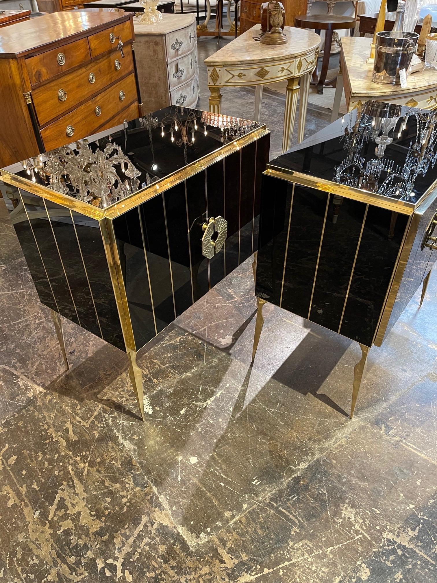 Pair of Murano Black Glass and Brass Side Tables For Sale 3