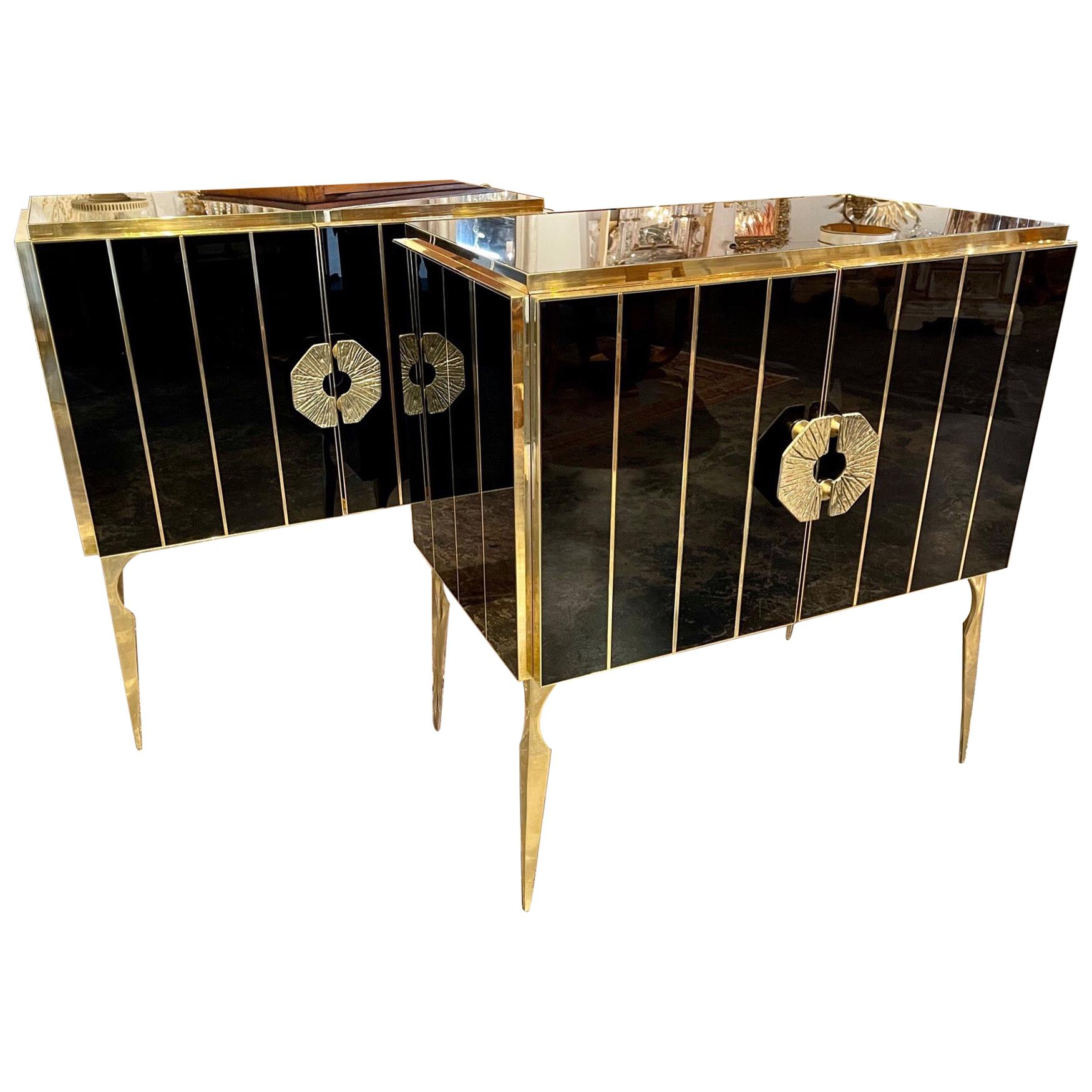 Pair of Murano Black Glass and Brass Side Tables