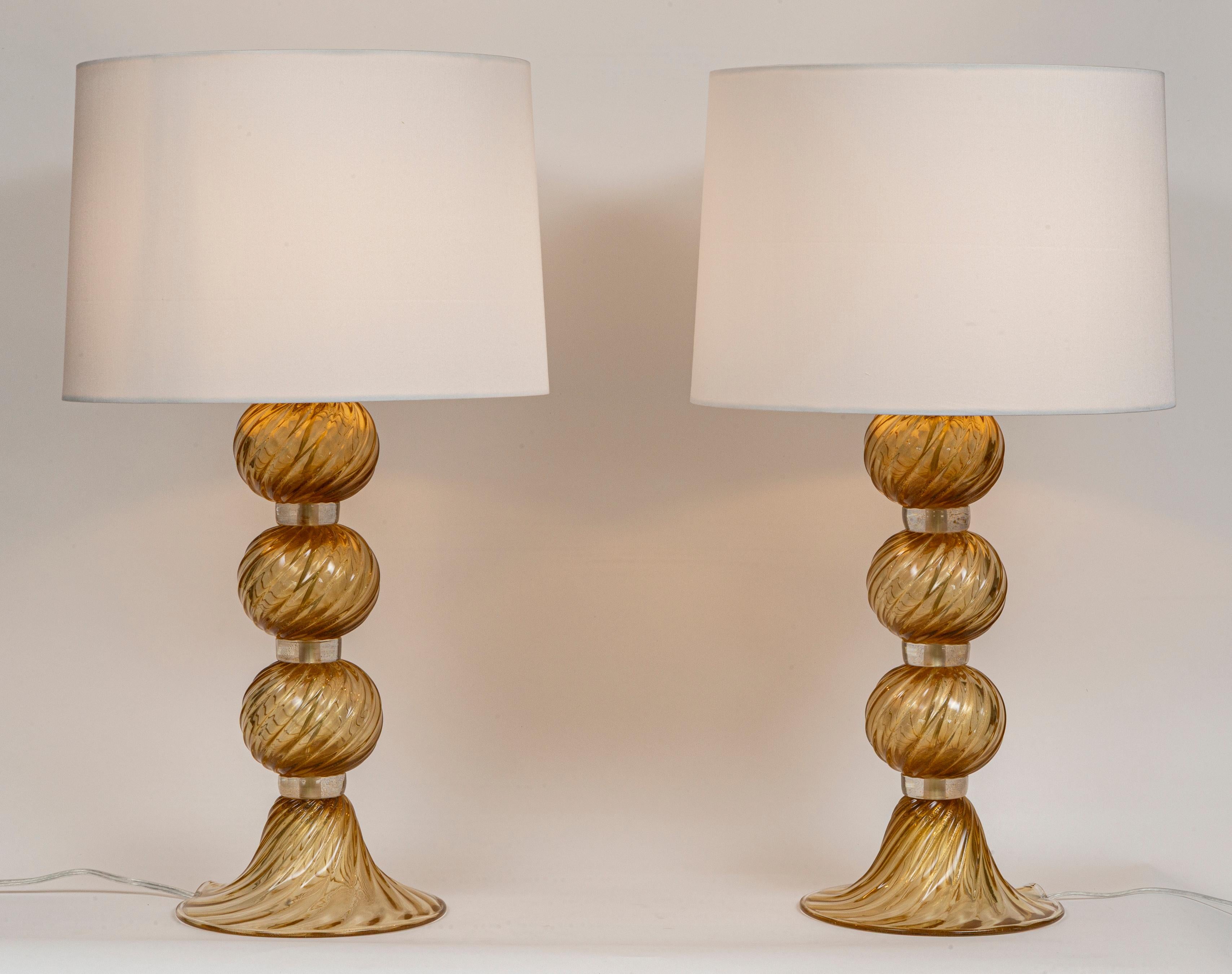 Pair Of Murano Blown Amber & Gold Swirl Lamps, Contemporary For Sale 5