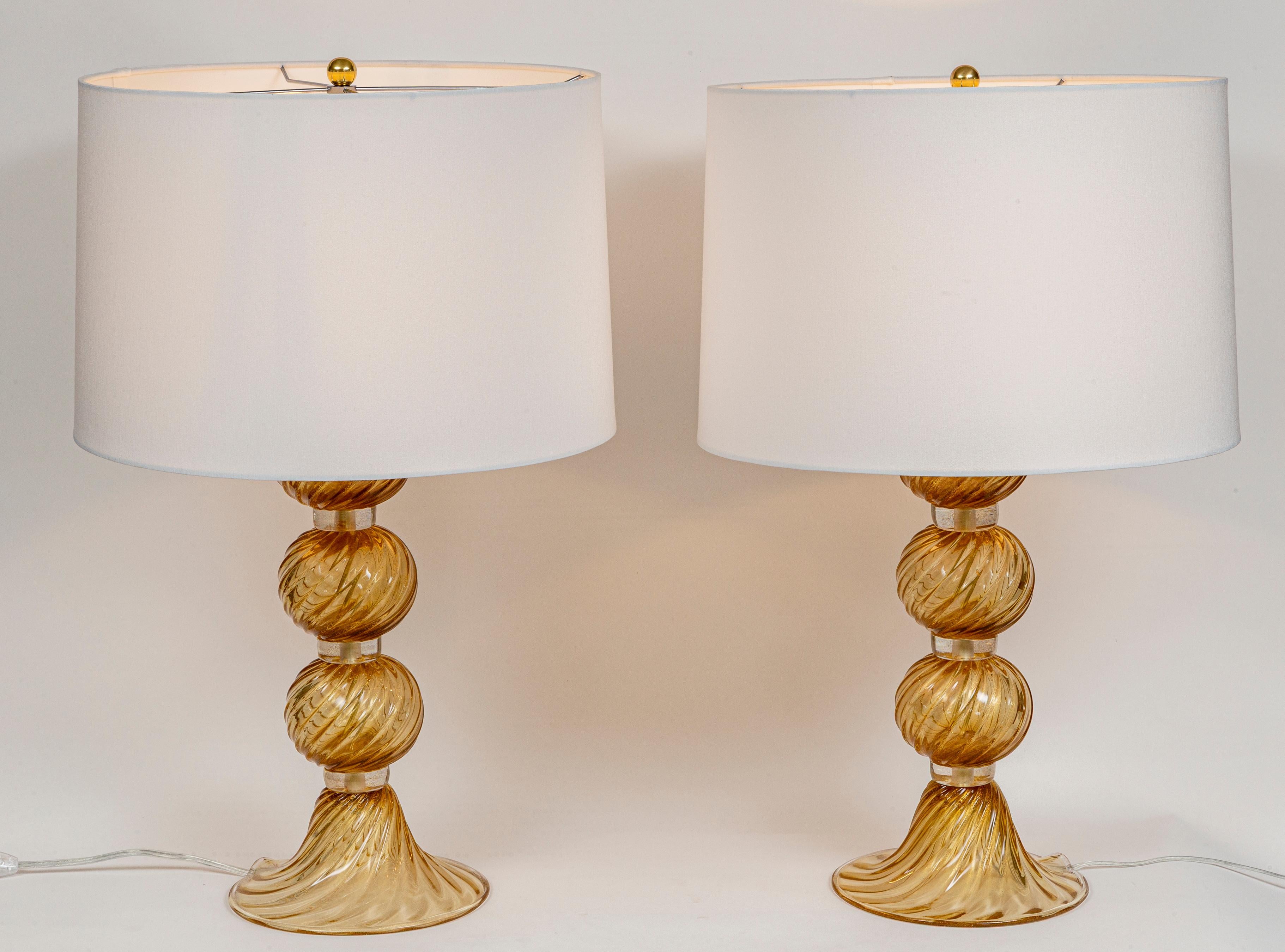 Art Deco Pair Of Murano Blown Amber & Gold Swirl Lamps, Contemporary For Sale