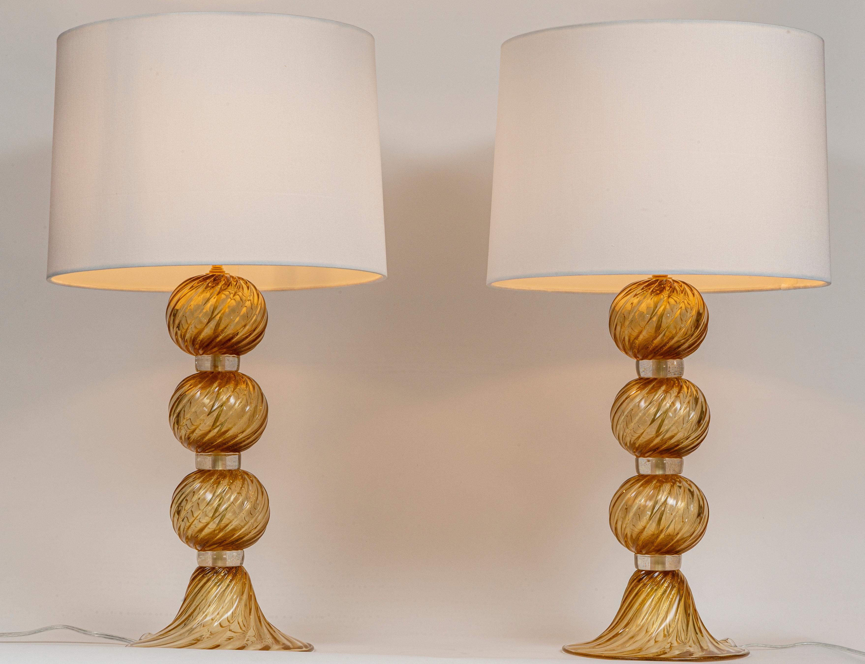 Murano Glass Pair Of Murano Blown Amber & Gold Swirl Lamps, Contemporary For Sale