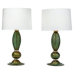 Pareja De Lámparas De Murano Sopladas En Remolino Verde Y Dorado, Contemporáneas
